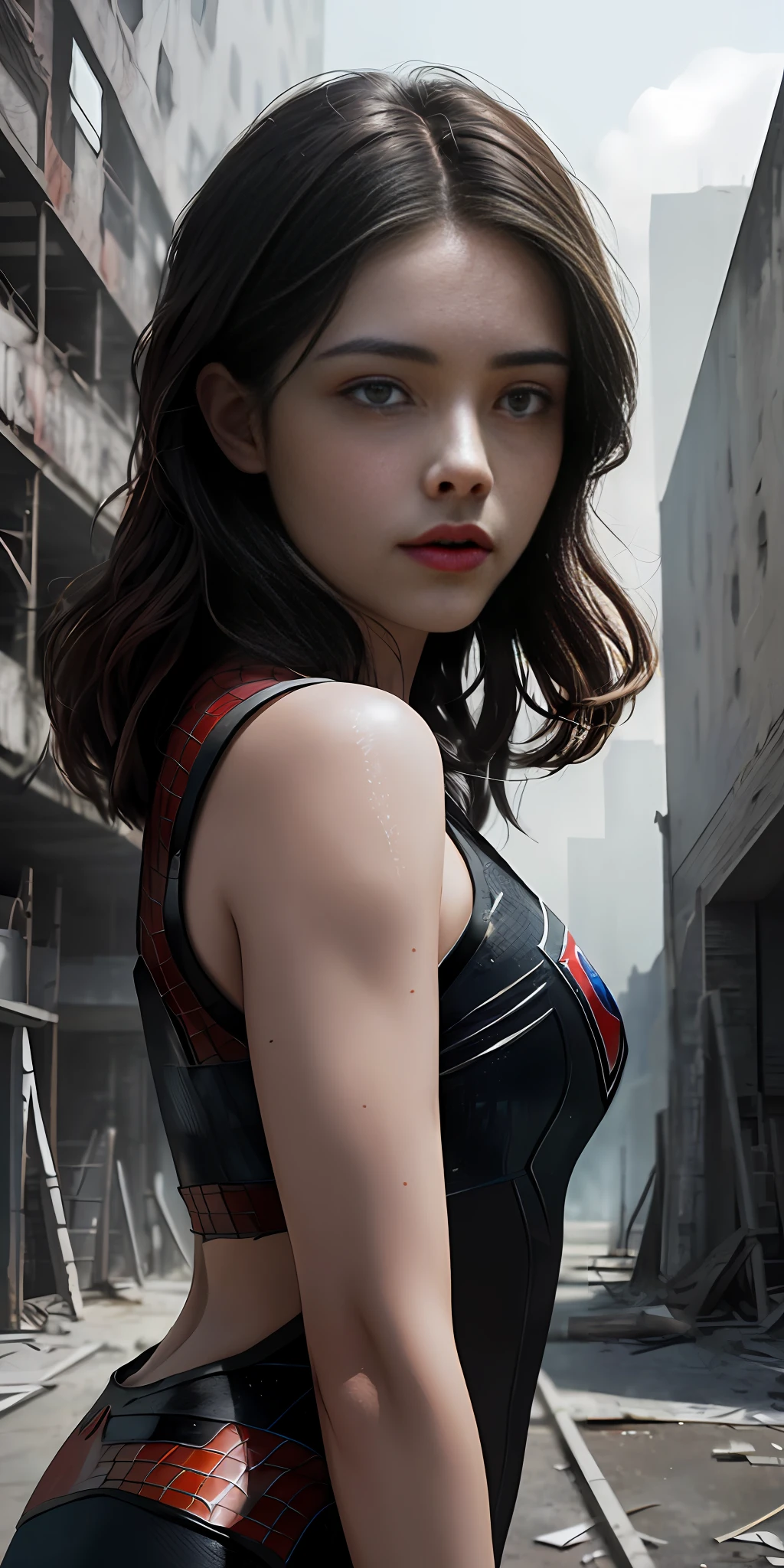 (1girl:1.3), solo, (((extremely detailed face))),(((extremely detailed eyes and face))),beautiful detailed eyes,body-parts__, official art, unified 8k wallpaper, super detailed, beautiful and aesthetic, beautiful, masterpiece, best quality, raw, masterpiece, super fine photo, best quality, super high resolution, photorealistic realism, sunlight, full body portrait, amazing beauty,, dynamic pose, delicate face, vibrant eyes, (from the front), she is wearing a Spider-man suit, red and black color scheme, spider, very detailed abandoned warehouse background, Detailed face, detailed complex busy background, messy, gorgeous, milky white, highly detailed skin, realistic skin details, visible pores, sharp focus, volumetric fog, 8k uhd, DSLR, high quality, film grain, fair skin, photo realism, lomography, huge metropolis in future dystopia, seen from below, translucent