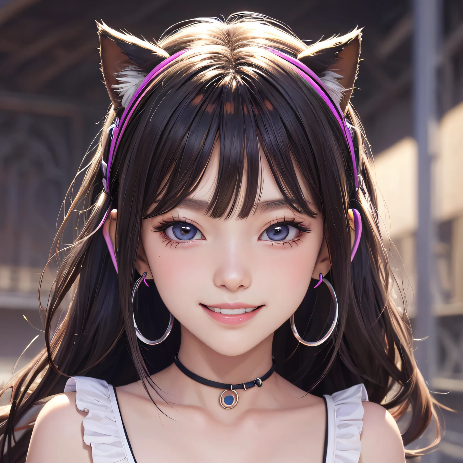 Black hair, hair bobbles, wince, long eyelasher, solid circle eyes, Fake animal ears, Light smile, Ear blush, Fang, Long hair, hair over shoulders, Black hair, Smile, Light smile, Makeup, Makeup, Nervous, full blush, Fake smile, smiley, Daoyagao, surrealism, shadowing, anaglyph, stereograms, tachi-e, angle of view, Anime, modern, romanticism lain, Minimalism, baroque, suprerralistic, Monet, Verism, god light, lines of movement, 8K, Super detail, ccurate, Best quality, Masterpiece, Anatomically correct, Best quality, A high resolution, High quality upper breasts,Astringent,Hyper Real --auto