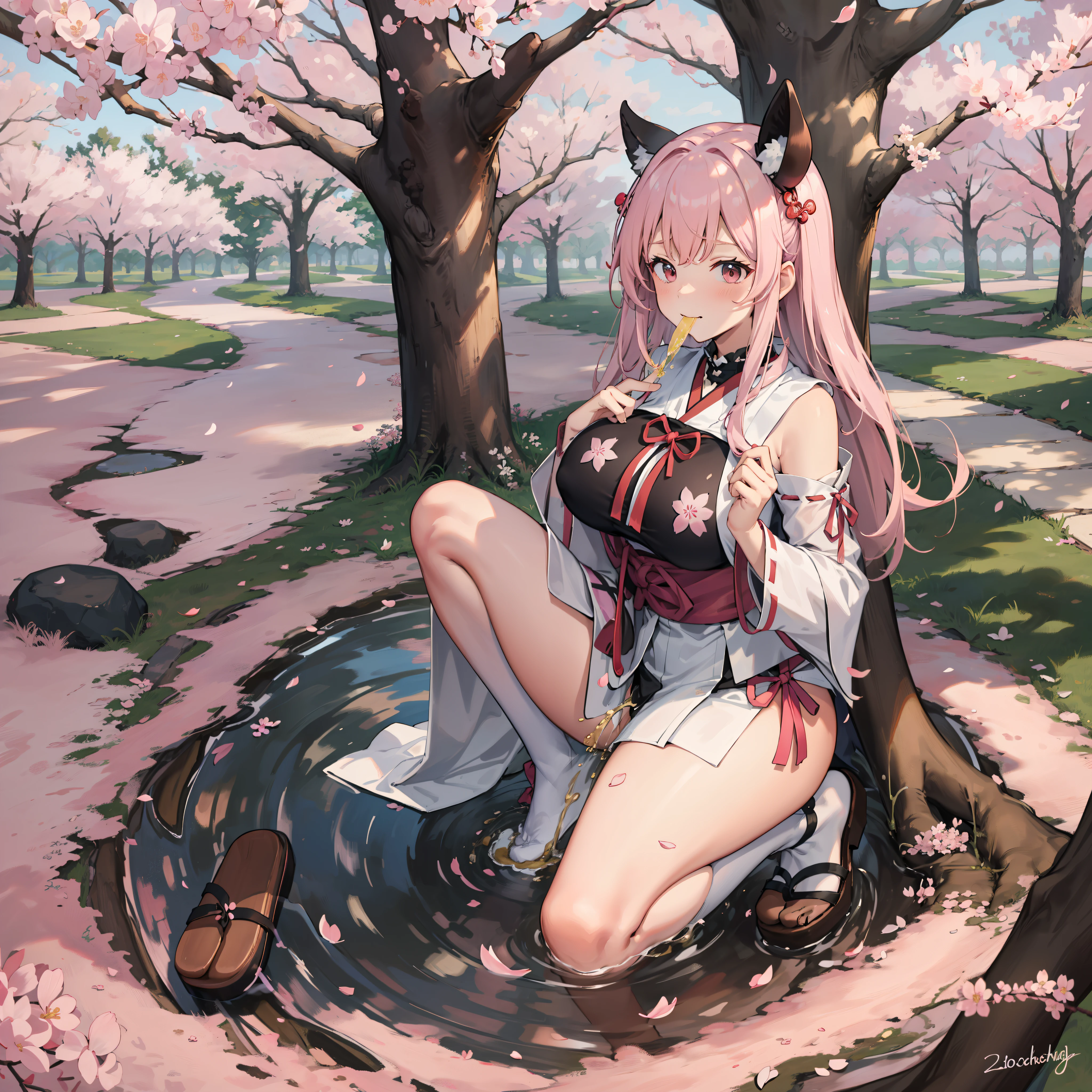 female high-school student,shrine maiden clothe,Long legs,A pink-haired,half squatting ,Cherry blossoms in the background,clogs,Bare chest,hyper HD,Highest high resolution,huge tit,white short socks,Hands tied to the cherry blossom tree with ropes,The mouth is gagged,Pee
