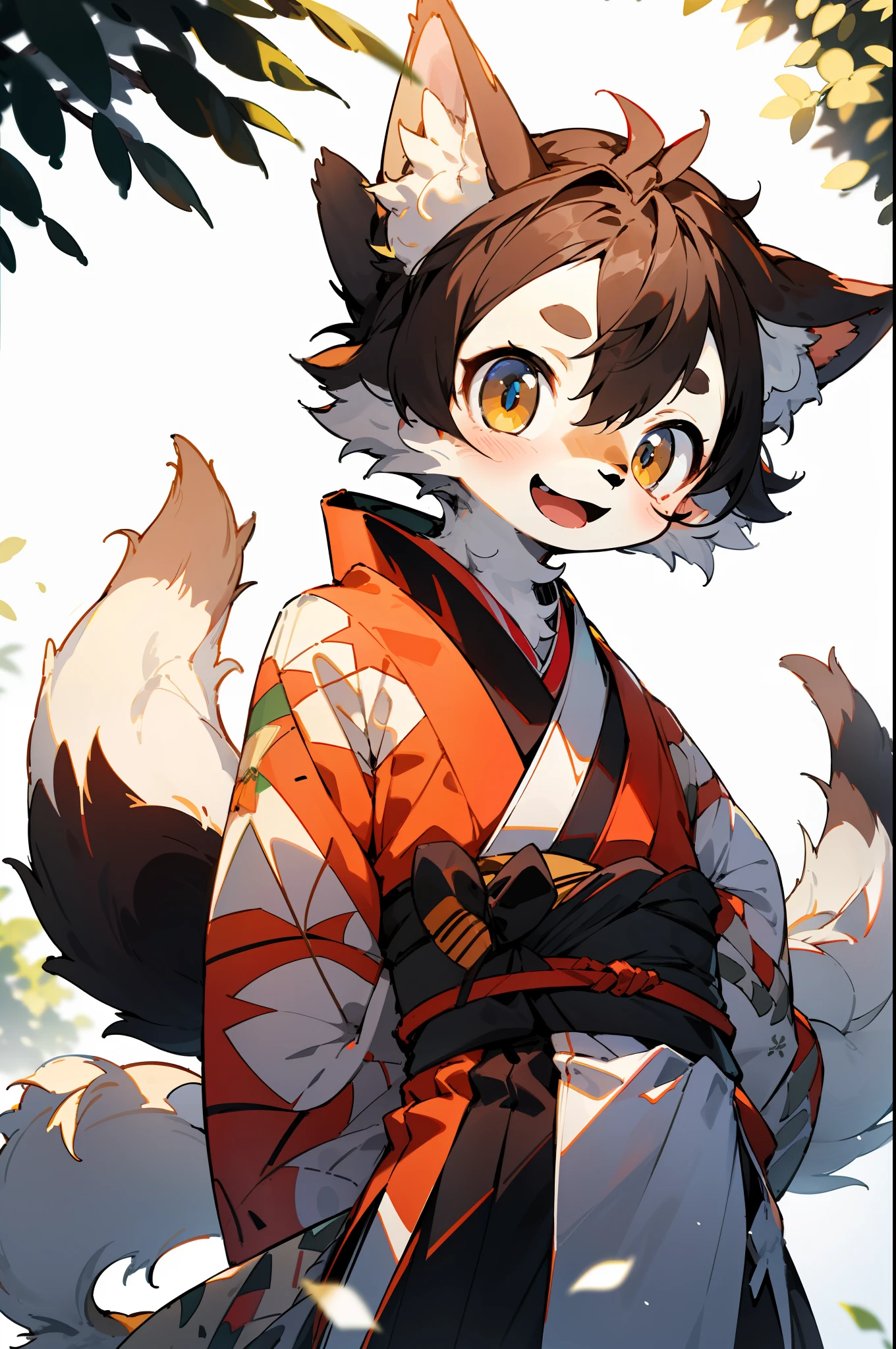 depth of field, perfect lighting, light particles,(best quality),(masterpiece),(ultra detailed),sharp focus,light particles, niji, eyesgod, blush, brown_eyes, looking_at_viewer, smile, solo, furry, animal_ear_fluff, open_clothes, arms behind back, upper body, tail, kimono, japanese clothes, sunlight, tree, open mouth, from below, arms behind back,