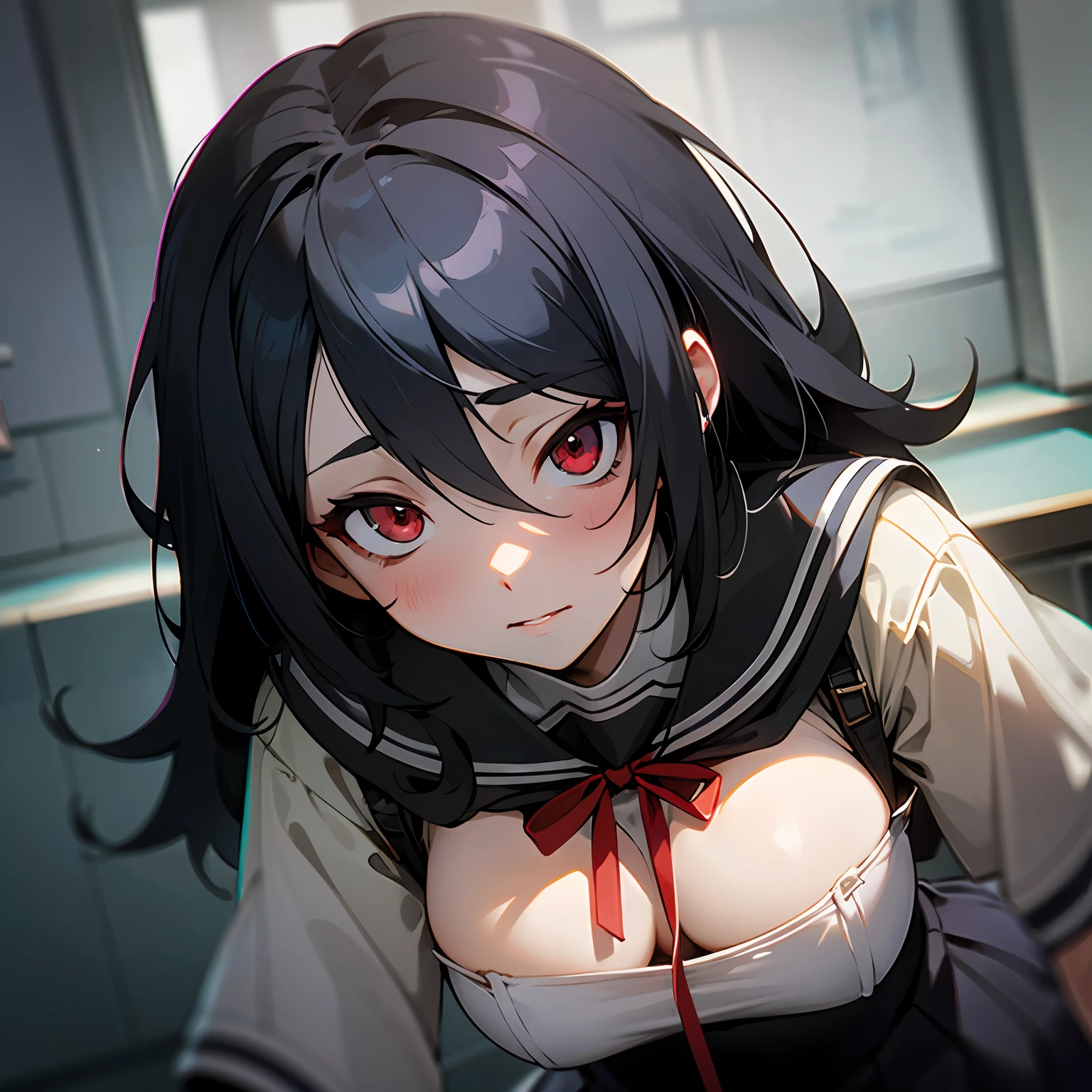 Volumetriclighting, best qualtiy, tmasterpiece, Complicated details, Tone-mapping, tack sharp focus, ultra - detailed,Royal Sister,Bigchest,The kinky is exposed,Whole body diagram,nakeness,Black color hair,Red eyes,School Uniform,maximum definition and sharpness、Many-Layer Textures、Albedo e mapas Speculares、Surface coloring、Accurate simulation of light-material interactions、perfectly proportions,higher details,Unreal 5 --auto
