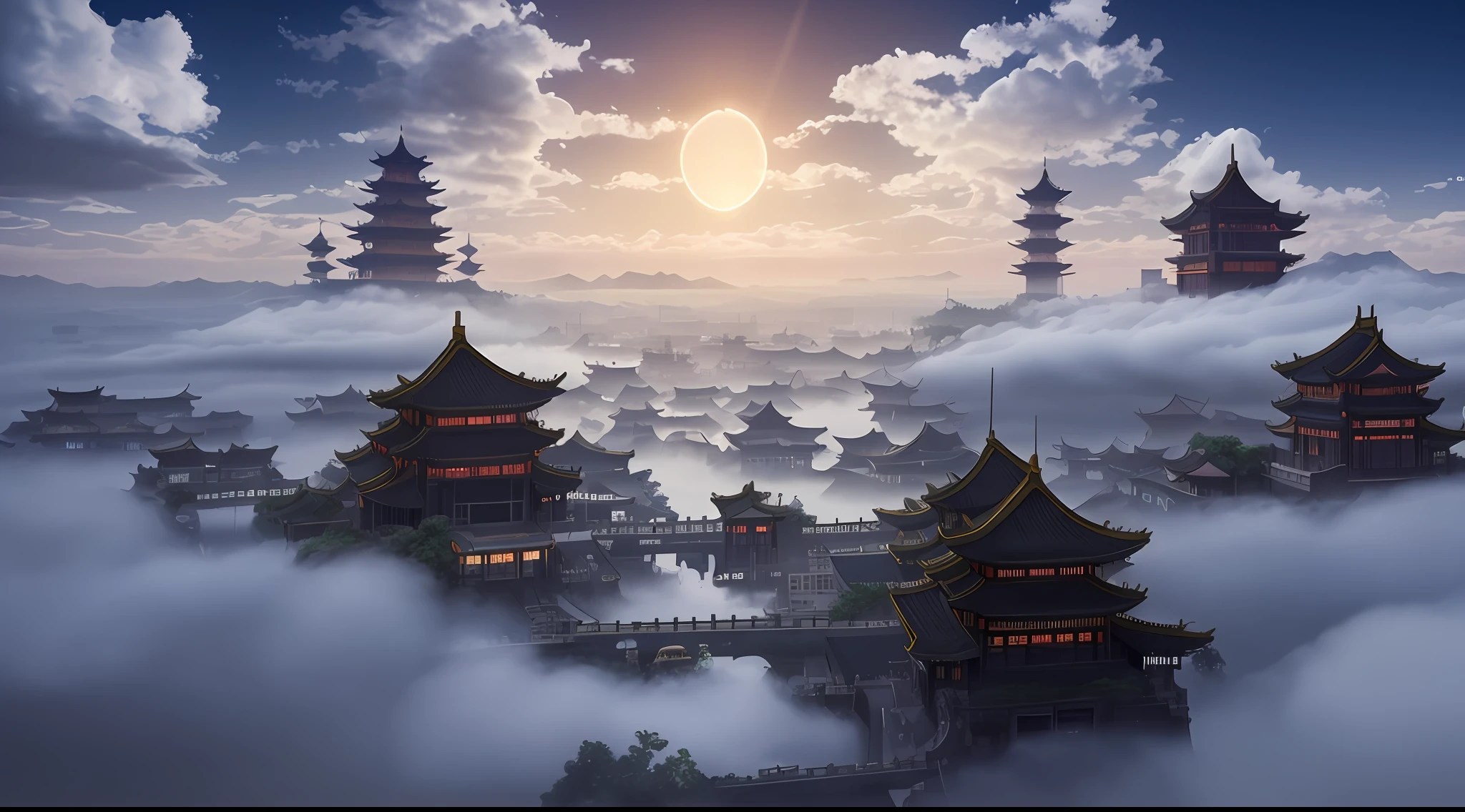 There are many buildings in the sky,The background is clouds, cyberpunk chinese ancient castle, Beautiful rendering of the Tang Dynasty, dreamy Chinese towns, floating city on clouds, Chinese fantasy, floating lands in-clouds, Cloud Palace, palace floating in the sky, matte painting in fantasy style, Floating city in the sky, ancient city landscape, stuning fantasy 3 d render