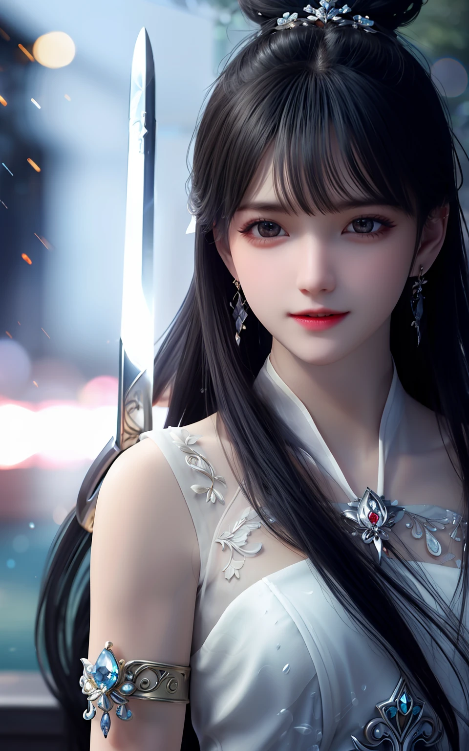 best quality,masterpiece,highres,cg,
1girl,weapon,sword,long hair,dress,water,solo,jewelry,white dress,earrings,hair ornament,splashing,upper body,hair bun,black hair,
lighting,candid,Photograph,high resolution,4k,8k,Bokeh,