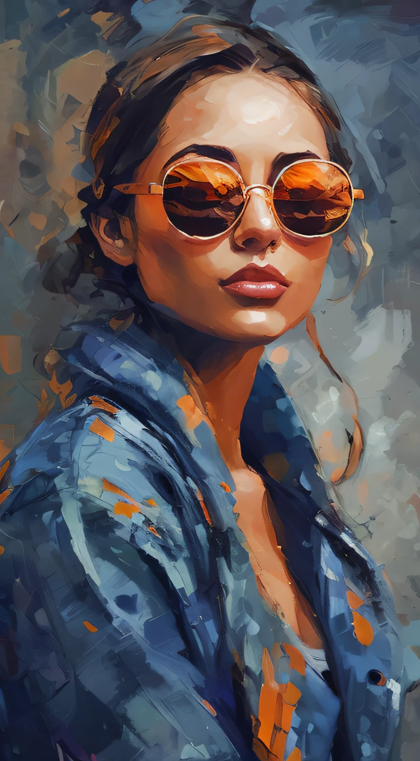 a painting of a woman wearing sunglasses and a blue shirt, digital painting style, oil paint style, digital painting art, in style of digital painting, digital art picture, digital art oil painting, digital art painting, art of alessandro pautasso, in style of digital illustration, style in digital painting, painted digital art, oil painting style, digtial painting