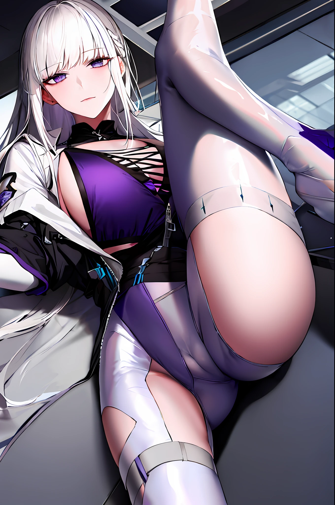 White hair,Big chest ,female pervert,Purple eye,blacksilk,long leges