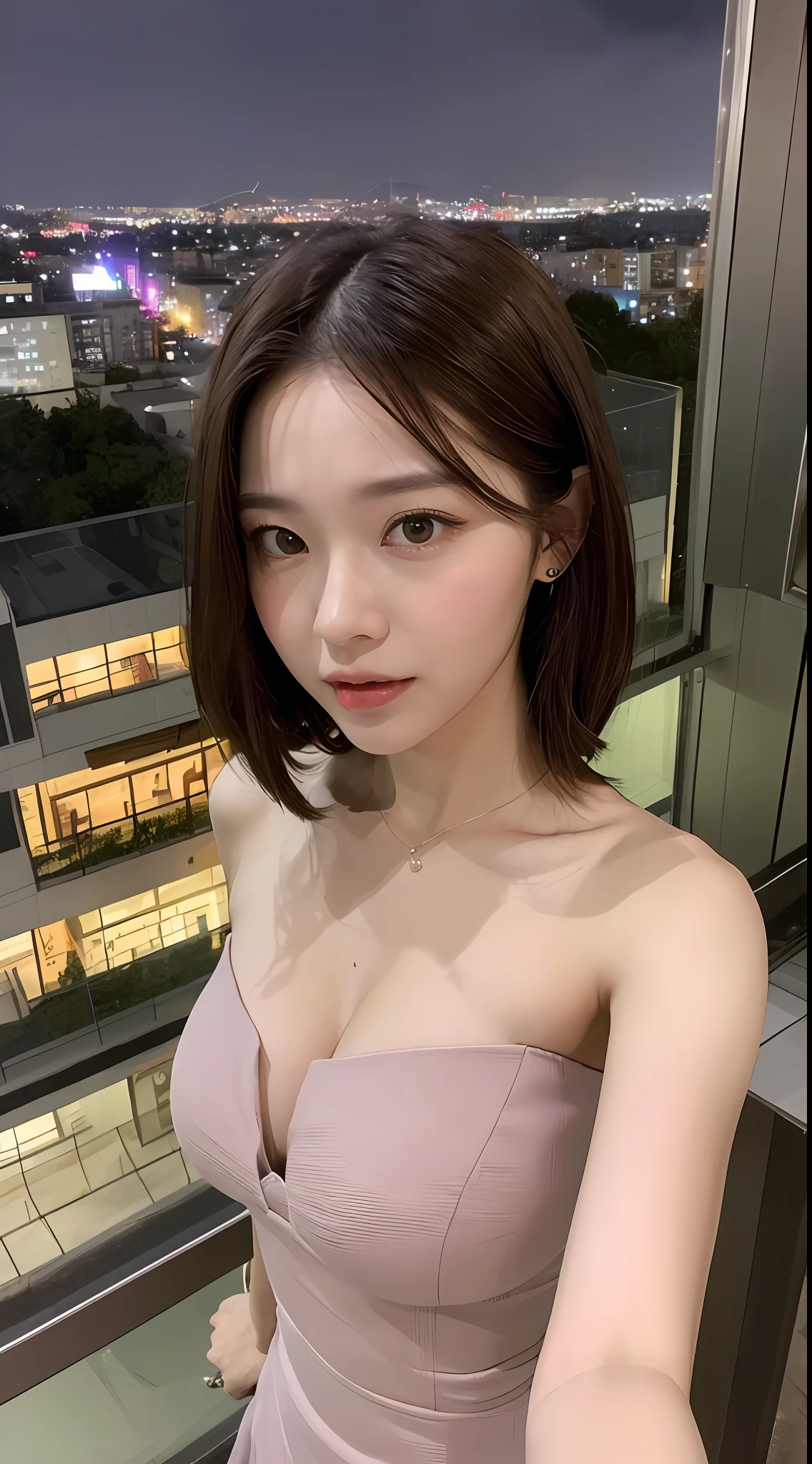 ((Best quality, 8k, Masterpiece: 1.3)), Selfie, Sharp focus: 1.2, Cute beautiful woman with perfect body: 1.4, Slim big breasts: 1.2, ((Brown hair dark, Big breasts: 1.2)) , (small transparent dress, half naked, highly detailed breasts, Happy expression, Standing: 1.2), ((Night view of the city with rain, Balcony simple: 1.3 making with the female being the main focus)), Highly detailed face and skin texture, Detailed eyes, Double eyelid