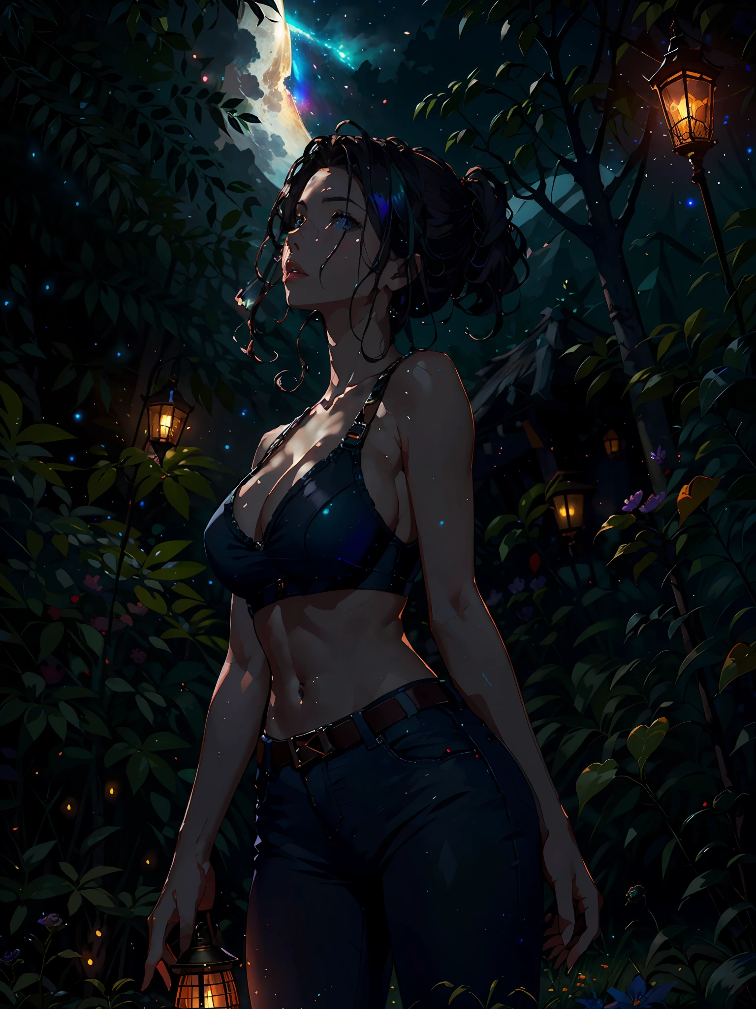 expansive landscape photograph with a fit girl in the foreground , (a view from below that shows sky above and open field below), a fit girl standing on flower field looking up, (full moon:1.2), ( shooting stars:0.9), (nebula:1.3), distant mountain, tree BREAK
production art, (warm light source:1.2), (Firefly:1.2), lamp, lot of purple and orange, intricate details, volumetric lighting BREAK
(masterpiece:1.2), (best quality), 4k, ultra-detailed, (dynamic composition:1.4), highly detailed, colorful details,( iridescent colors:1.2), (glowing lighting, atmospheric lighting), dreamy, magical, (solo:1.2)
