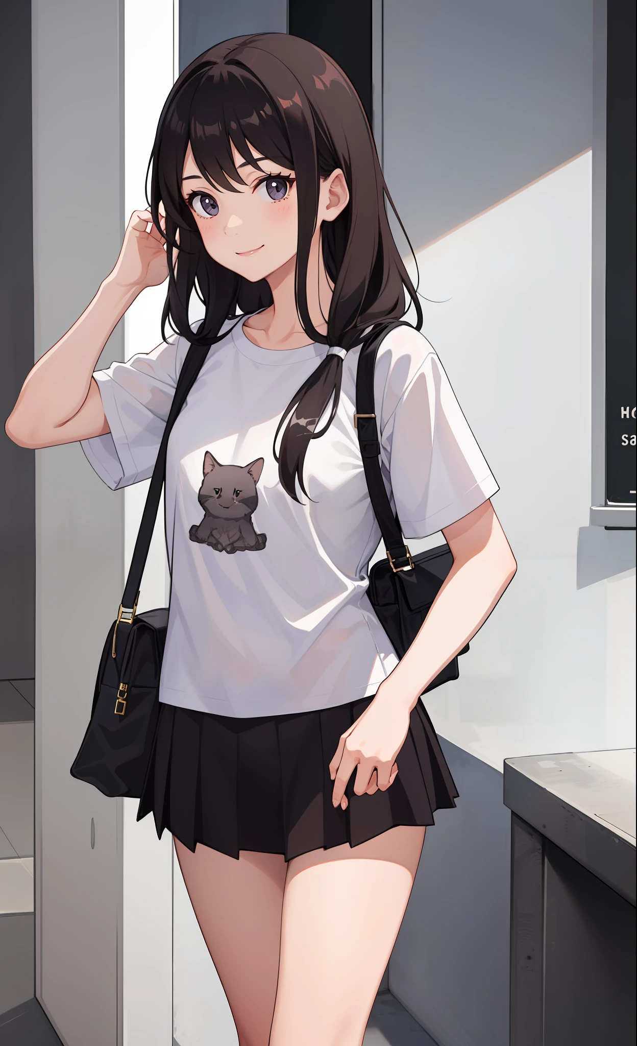 1 girl, smile, shirt, skirt, (small) chiralism,