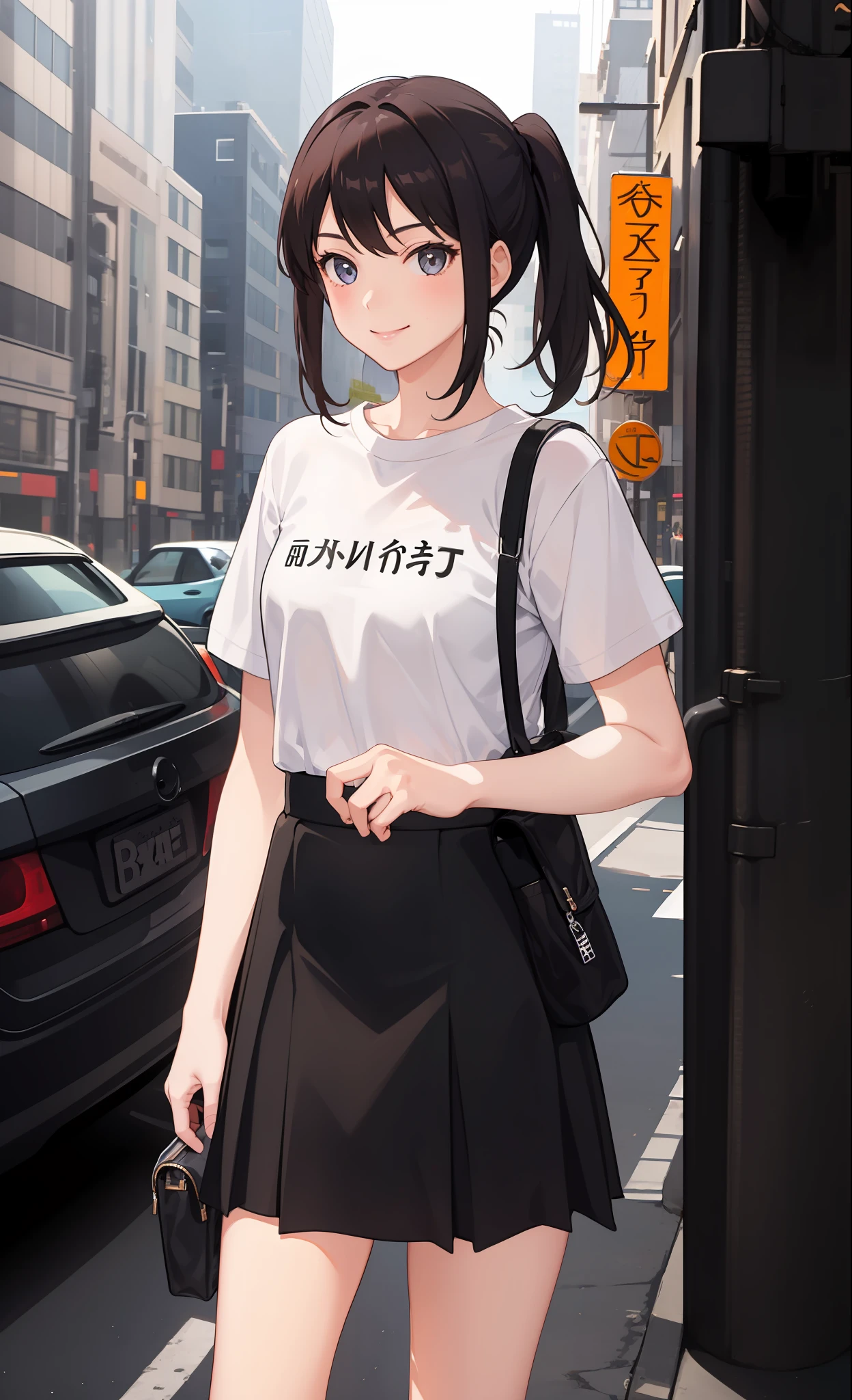 1 girl, smile, shirt, skirt, (small) chiralism,