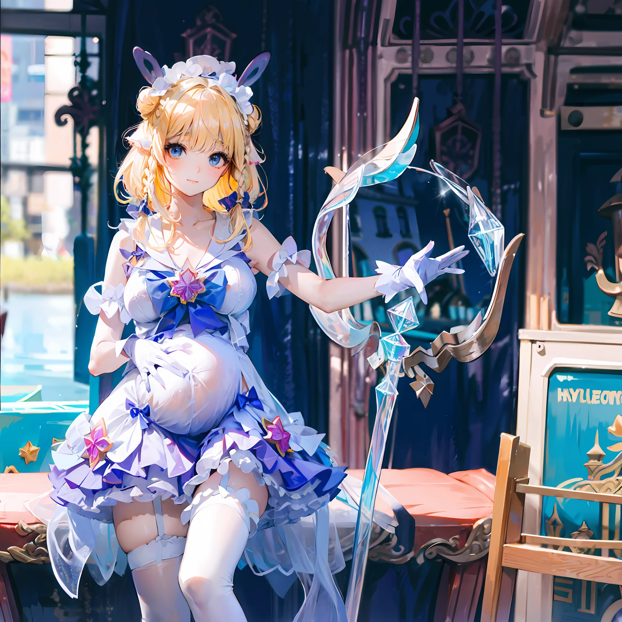 tmasterpiece, Best quality, (Detailed eyes and skin), ((Realistic)), Mirror flow, 1girll, The blonde_Hair, Yellow_clothes, black_clothes, Blue_Eyes, Blue_sky, bblurry, bblurry_Background, bblurry_foreground, (modern_City:1.5), mediating_Breasts, Exercise_bblurry,photore_\(curly\),long whitr hair,Skysky,独奏,Upper body body,Pregnant belly,Beth,Showing the belly,youthfulenergy,18-year-old girl,adolable,Two-dimensional painting style,Pregnant women with,Best quality, 8K, High quality,, hair adornments, cone hair bun, Long hair, double bun hair, bangs, bow, maid headdress, upper legs, Stockings, white thighhighs, cleavage cutout, Face focus, Close up, (Heart-shaped pupils:0.9), (Blush:0.65), (1girll, Solo:1.4), Cityscape, Blue sky, Bright sky, Sunny, holding flower, Large breasts, Detailed background, Detailed clouds,Pregnant belly,Two-dimensional painting style,(Masterpiece), Best quality, Fine details, Highest picture quality, Masterpiece,exquisite CG,1girll,Closed mouth,Brown eyes,Long hair,bangs,Bare shoulders, cleavage,(Big breasts:1.4),Bare arms,Pink bikini,navel,Lace,a garter belt,Thighs,,White pantyhose,water,hyper pregnant,Girl,SushangV4,Yae,SideBraid,