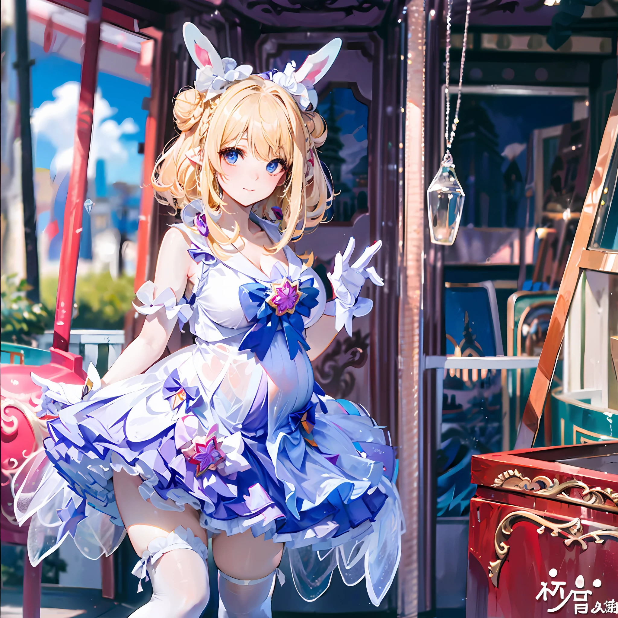 tmasterpiece, Best quality, (Detailed eyes and skin), ((Realistic)), Mirror flow, 1girll, The blonde_Hair, Yellow_clothes, black_clothes, Blue_Eyes, Blue_sky, bblurry, bblurry_Background, bblurry_foreground, (modern_City:1.5), mediating_Breasts, Exercise_bblurry,photore_\(curly\),long whitr hair,Skysky,独奏,Upper body body,Pregnant belly,Beth,Showing the belly,youthfulenergy,18-year-old girl,adolable,Two-dimensional painting style,Pregnant women with,Best quality, 8K, High quality,, hair adornments, cone hair bun, Long hair, double bun hair, bangs, bow, maid headdress, upper legs, Stockings, white thighhighs, cleavage cutout, Face focus, Close up, (Heart-shaped pupils:0.9), (Blush:0.65), (1girll, Solo:1.4), Cityscape, Blue sky, Bright sky, Sunny, holding flower, Large breasts, Detailed background, Detailed clouds,Pregnant belly,Two-dimensional painting style,(Masterpiece), Best quality, Fine details, Highest picture quality, Masterpiece,exquisite CG,1girll,Closed mouth,Brown eyes,Long hair,bangs,Bare shoulders, cleavage,(Big breasts:1.4),Bare arms,Pink bikini,navel,Lace,a garter belt,Thighs,,White pantyhose,water,hyper pregnant,Girl,SushangV4,Yae,SideBraid,