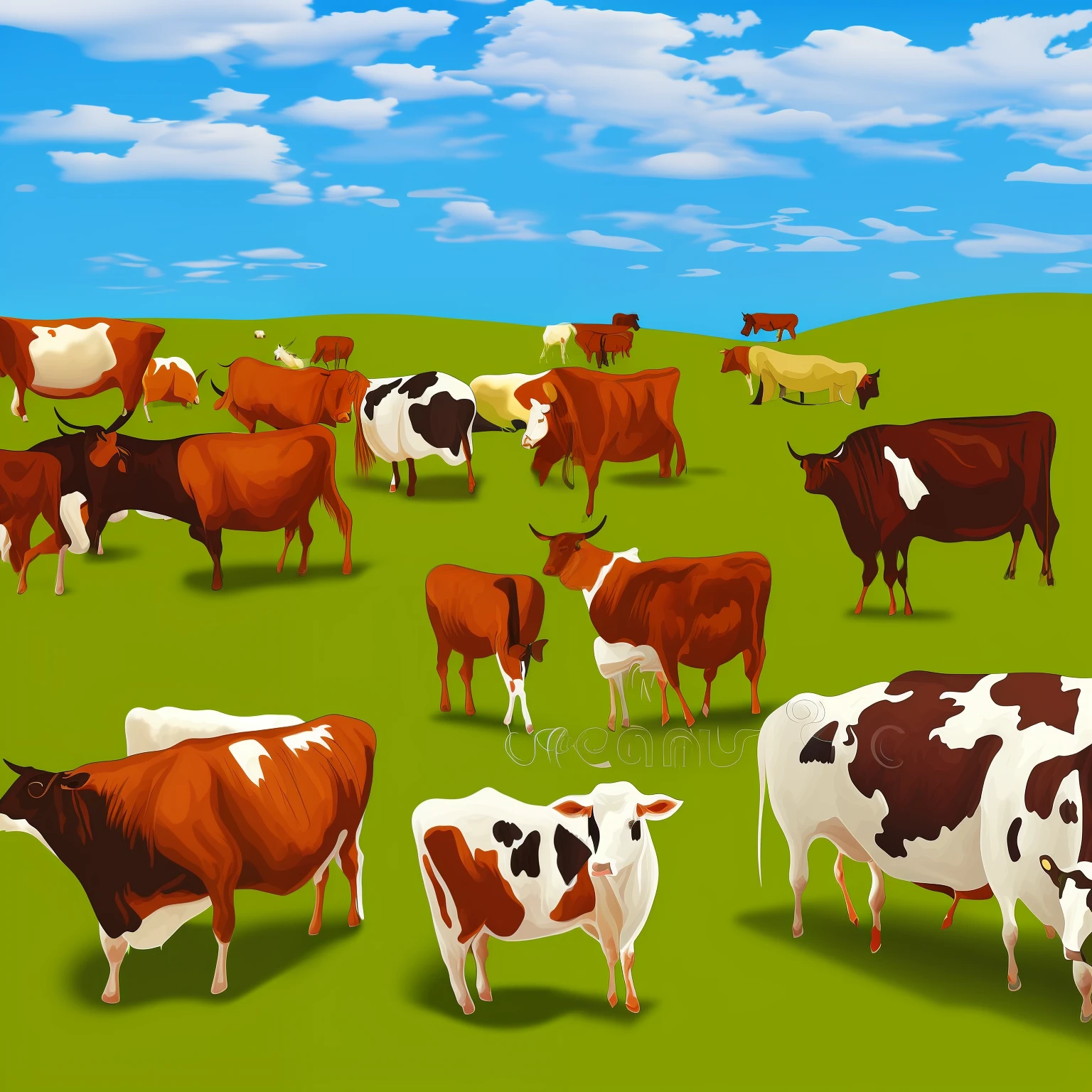 Draw a card illustration，Cows graze in the steppe