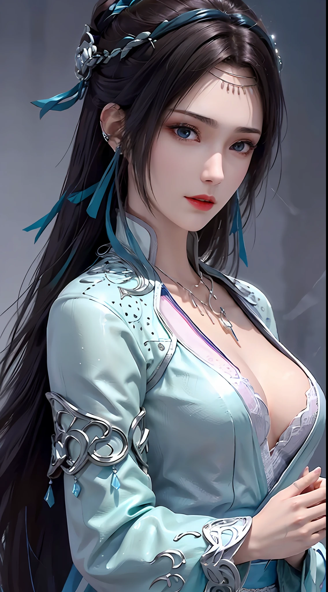 1 beautiful girl in hanfu dress, thin blue silk shirt with many white patterns, white lace trim, purple black long ponytail, hair jewelry, ear jewelry, necklace and necklace, meticulously drawn big blue eyes, meticulous makeup, thin eyebrows, high nose, pretty red lips, no smile, pursed lips, rosy cheeks, enlarged breasts, huge breasts, well-proportioned breasts, slim waist, colored mesh socks blue, loose hands, chinese hanfu style, fictional art textures, vivid and realistic colors, RAW photos, realistic photos, ultra-high quality 8k surreal photos, (great lighting effects) awesome: 1.8), 10x pixels, magic effect (background): 1.8), super detailed eyes, girl upper body, girl portrait, girl alone, hanfu historical background,