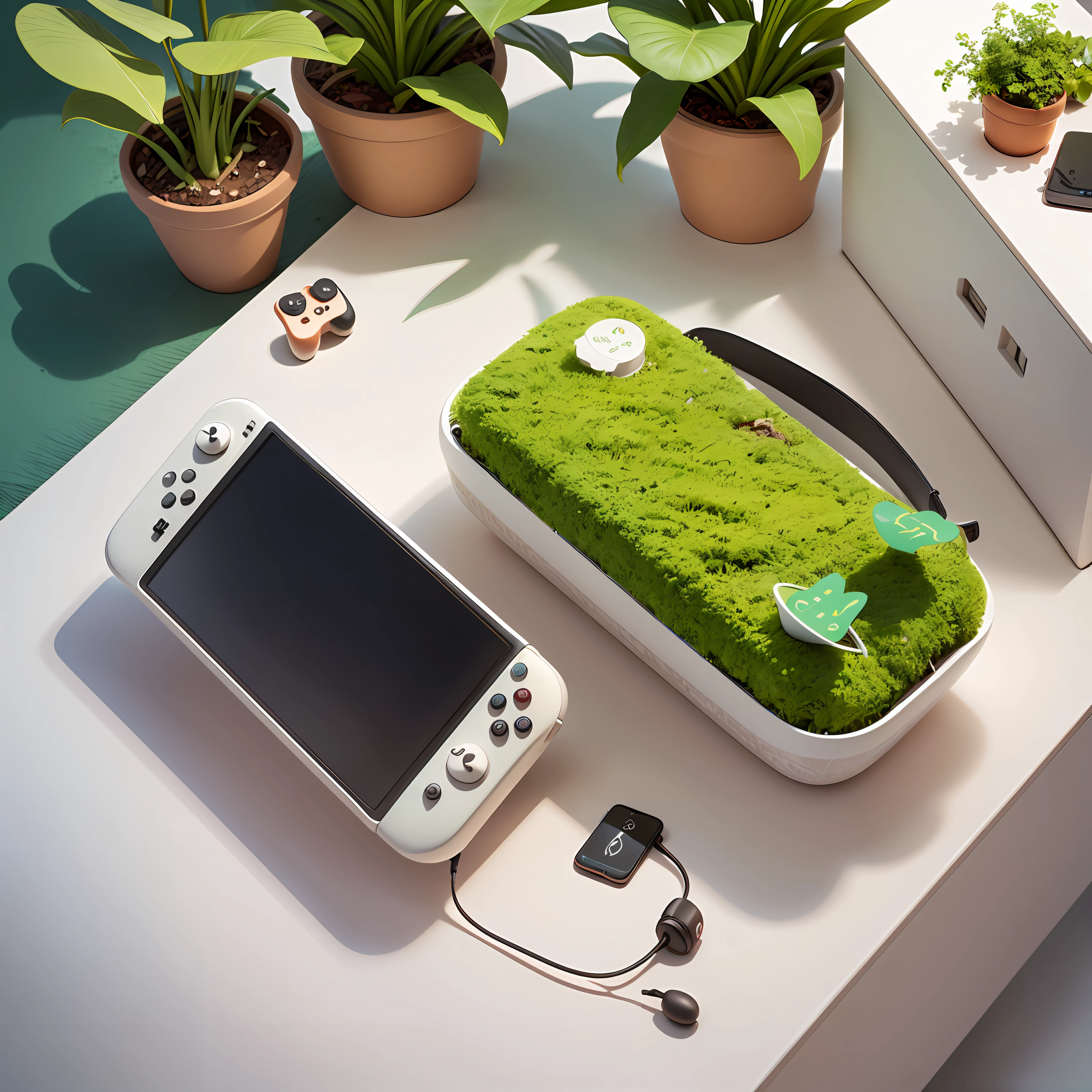 On a white desk,On the white table is a box,A Nintendo controller,with plants around it,Earphone, Simple and clean, Shooting in bright spaces, full - view, Top view, a wide full shot, Nice composition,Nordic style shooting