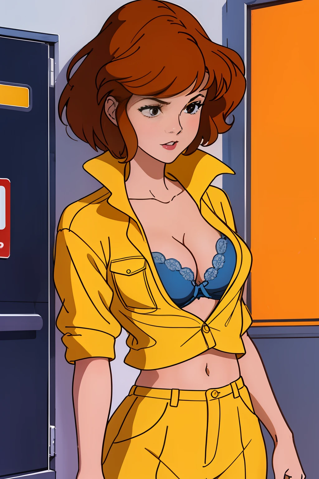 cowboy shot, april o'neil, 1980s \(style\), 1girl, brown hair, orange hair, retro artstyle, short hair, solo, yellow jumper suit, unbutton_shirt, (white bra slip:1.2), medium_breasts, cleavage