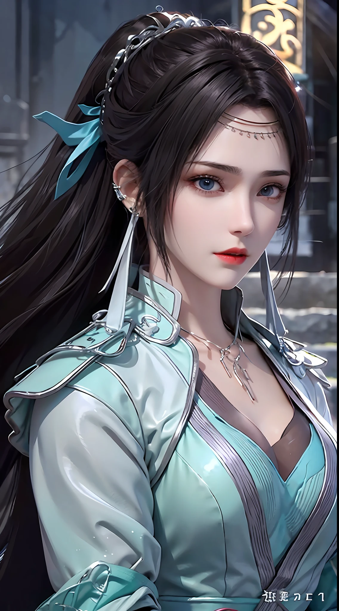 1 beautiful girl in hanfu dress, thin blue silk shirt with many white patterns, white lace trim, purple black long ponytail, hair jewelry, ear jewelry, necklace and necklace, meticulously drawn big blue eyes, meticulous makeup, thin eyebrows, high nose, pretty red lips, no smile, pursed lips, rosy cheeks, enlarged breasts, huge breasts, well-proportioned breasts, slim waist, colored mesh socks blue, loose hands, chinese hanfu style, fictional art textures, vivid and realistic colors, RAW photos, realistic photos, ultra-high quality 8k surreal photos, (great lighting effects) awesome: 1.8), 10x pixels, magic effect (background): 1.8), super detailed eyes, girl upper body, girl portrait, girl alone, hanfu historical background,