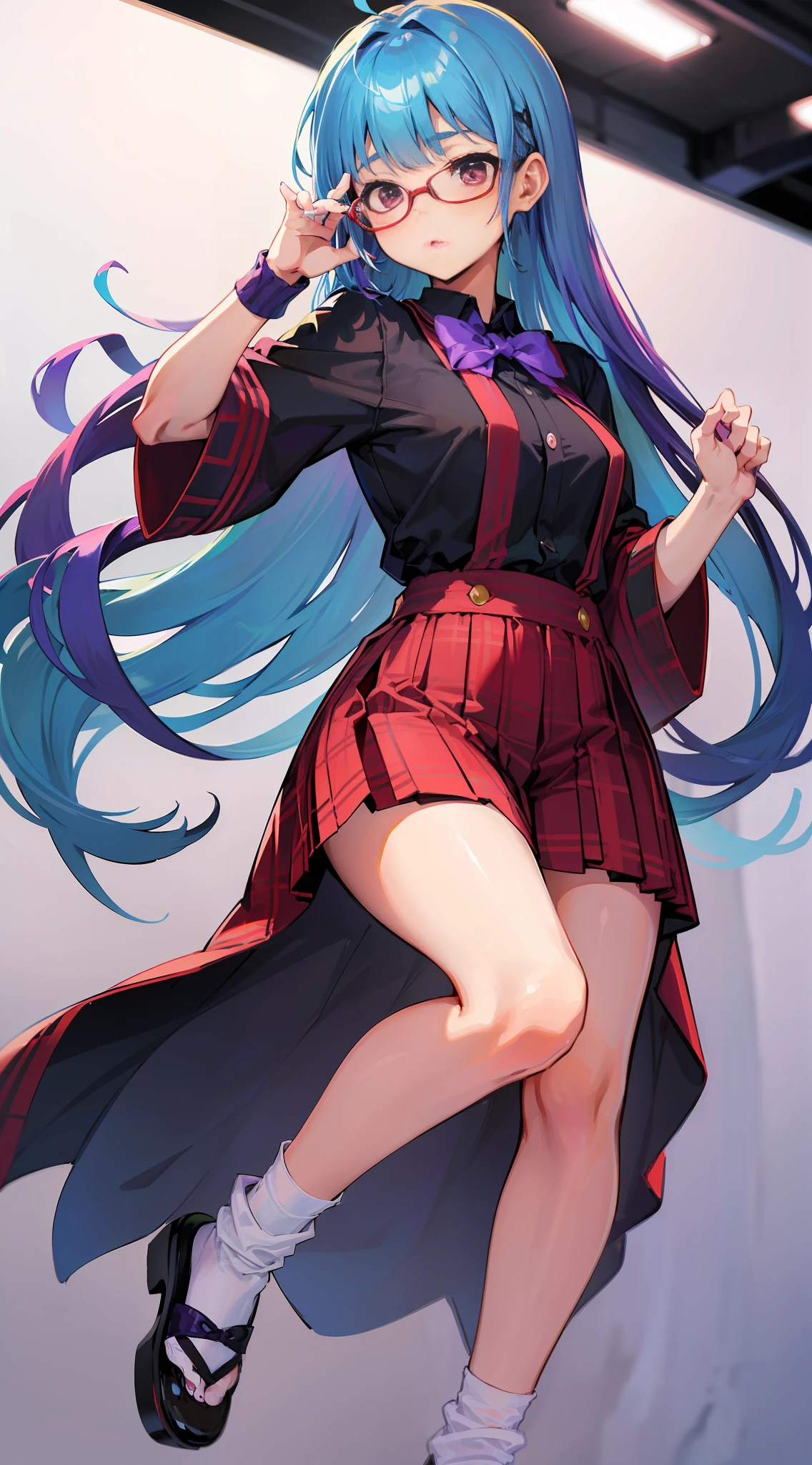 (s girl,人物,校服,Gradient Long Hair+lightblue hair+Purple hair ends+Red Half-rimmed Glasses+Purple eye:1.2,Idol costume,White knee-length socks, Expressions are confident and static)