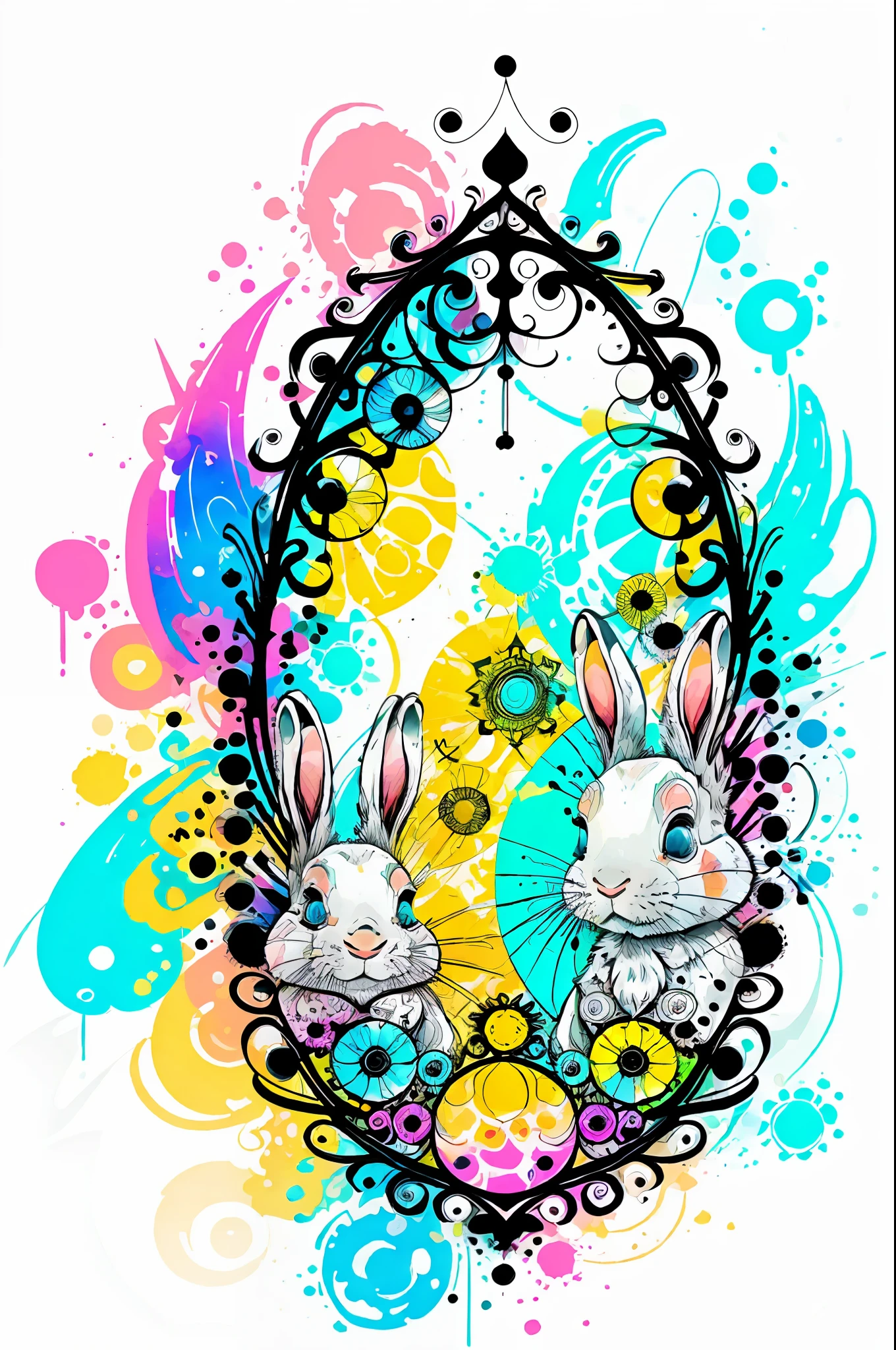 in the style of 0mib, adorable rabbit, prismatic shards, reflecting fractal circles, ink spatter, melting brush strokes, particles vortex, dramatic lighting, high quality, beautiful, masterpiece
