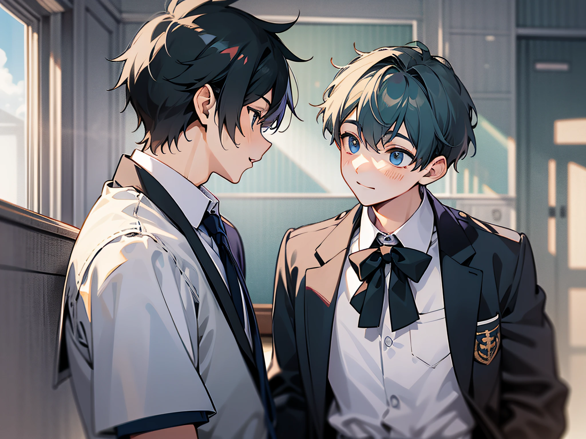 Two boys in school uniforms looked at each other