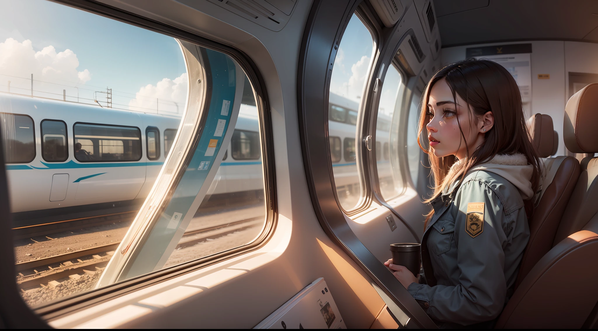 High-speed rail seats look out, Close-up high-speed rail windows, View from the window, High-speed rail windows with realistic details, No need for characters, Surrealism, high detail, Realism, Hyperrealism, Verism, cinematic lighting, ray tracing, Fujicolor, UHD, masterpiece, ccurate, super detail, high details, high quality, award winning, best quality, highres