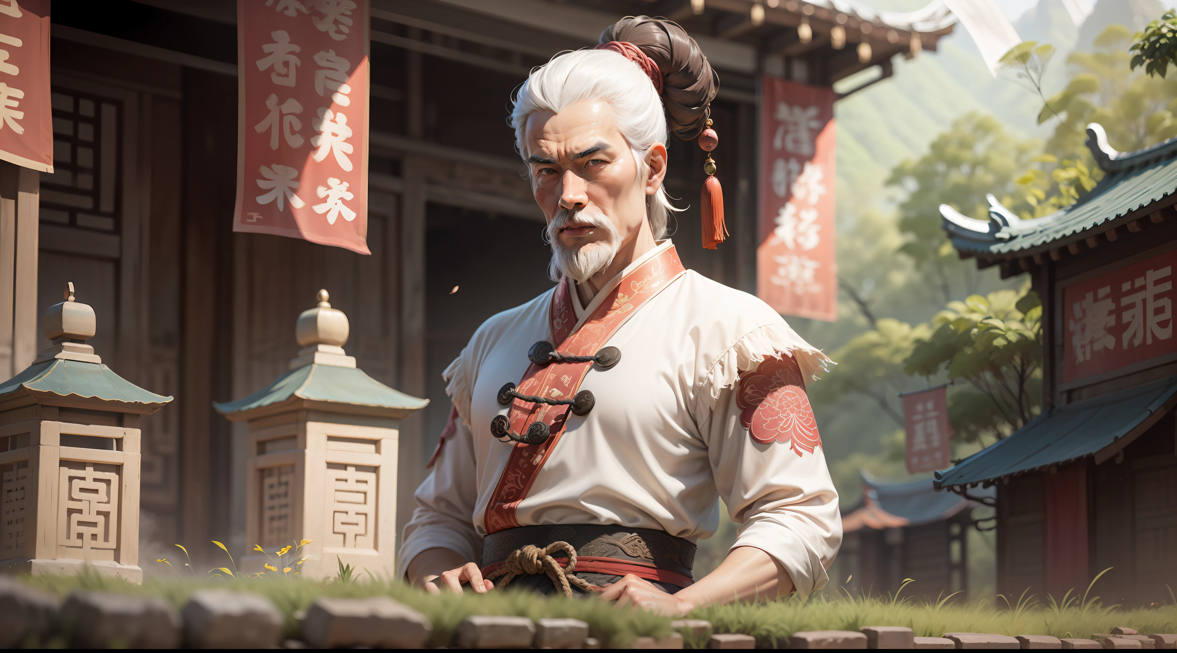 an ancient Chinese male，poets，Great writer，white backgrounid，Game character display，Ink wind，fully body photo，Xinghua Village，Pink trim