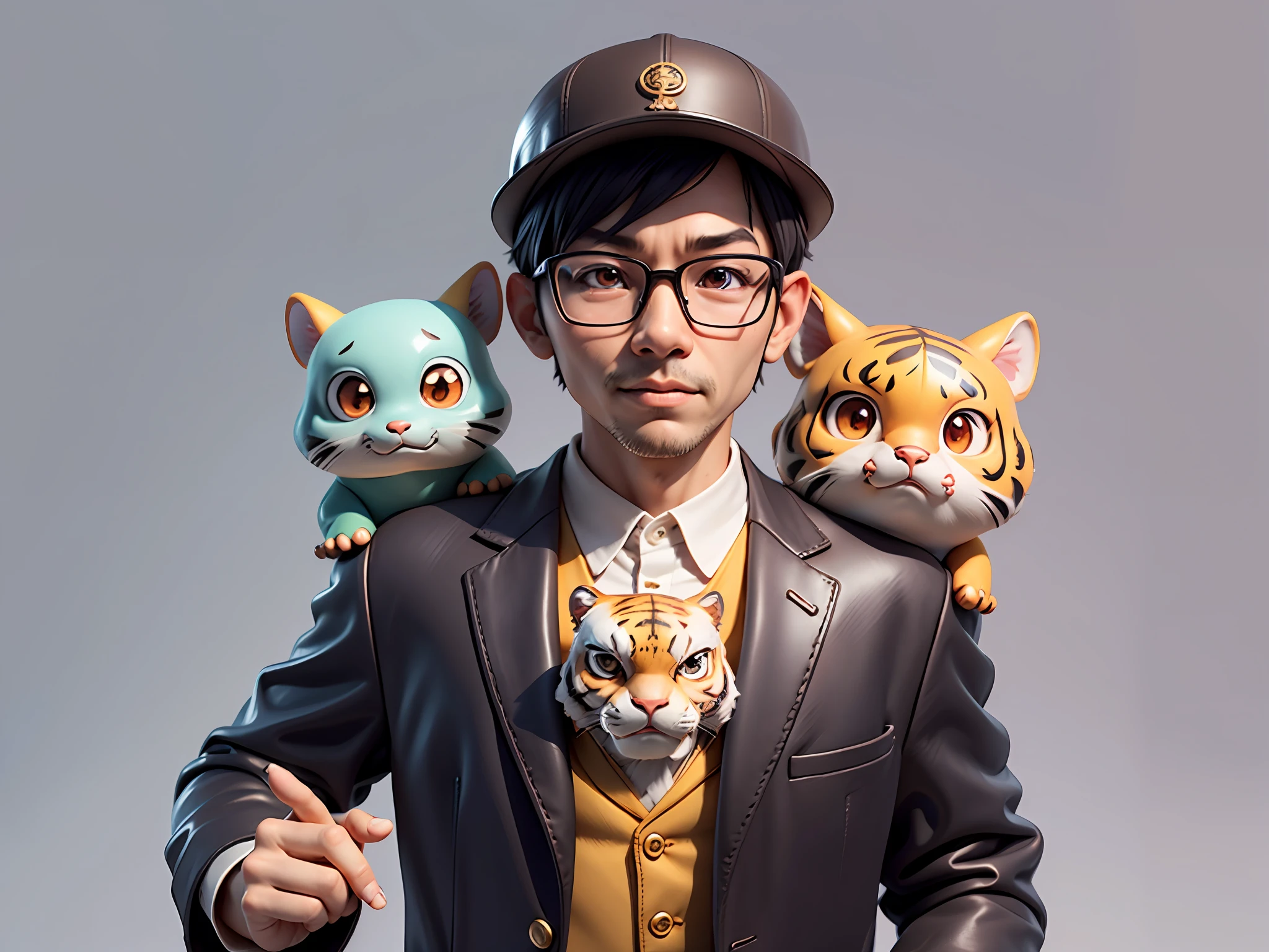 Young man with oriental face in leather hat, tiger, oriental face in formal suit, short black hair, silver glasses, digital painting, 3D character design by Mark Clairedon and Pixar and Hayao Miyazaki and Akira Toriyama, the illustration is a high-definition illustration in 4K resolution with very detailed facial features and cartoon-style visuals.