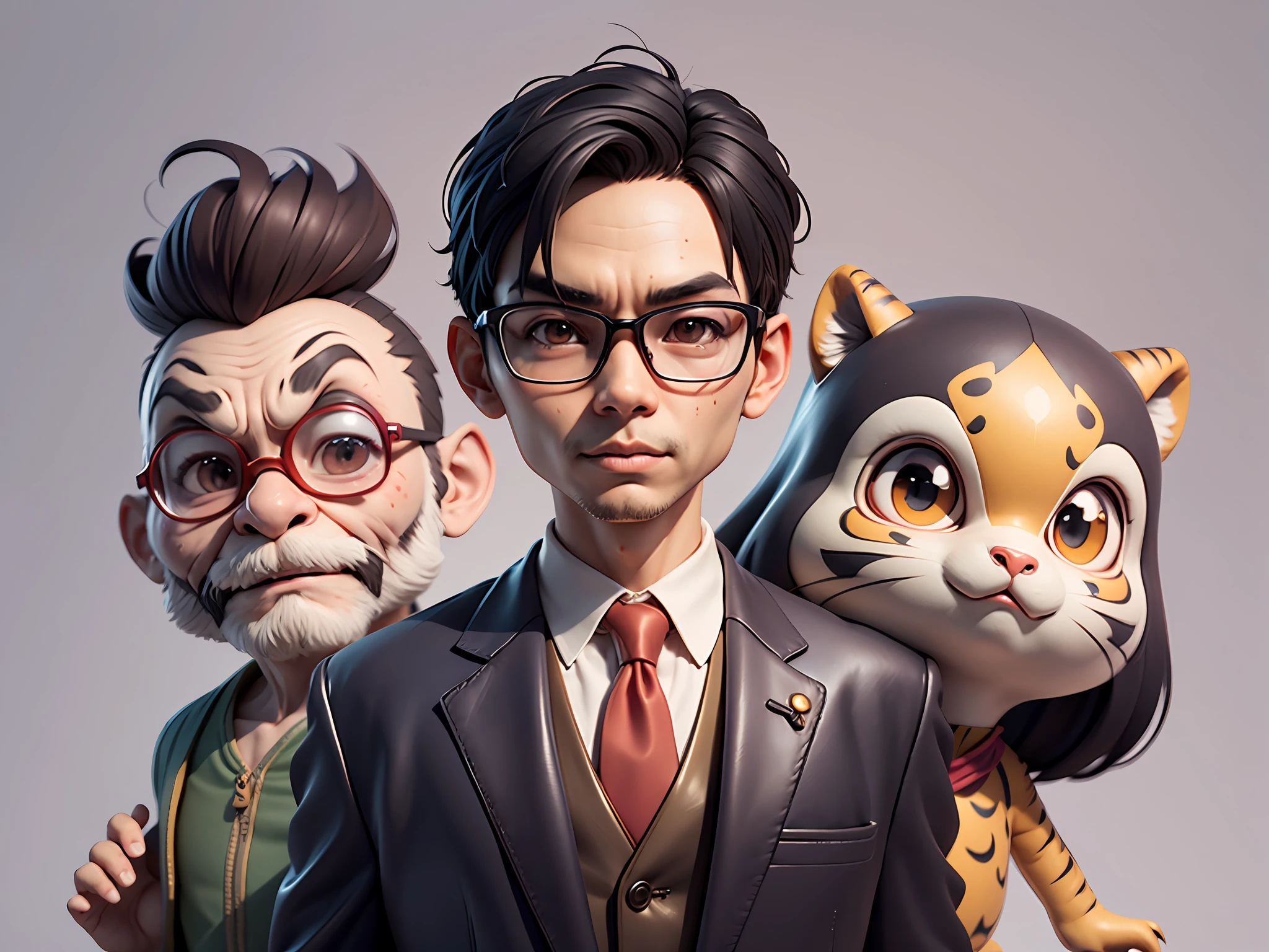 Young man with oriental face in leather hat, tiger, oriental face in formal suit, short black hair, silver glasses, digital painting, 3D character design by Mark Clairedon and Pixar and Hayao Miyazaki and Akira Toriyama, the illustration is a high-definition illustration in 4K resolution with very detailed facial features and cartoon-style visuals.
