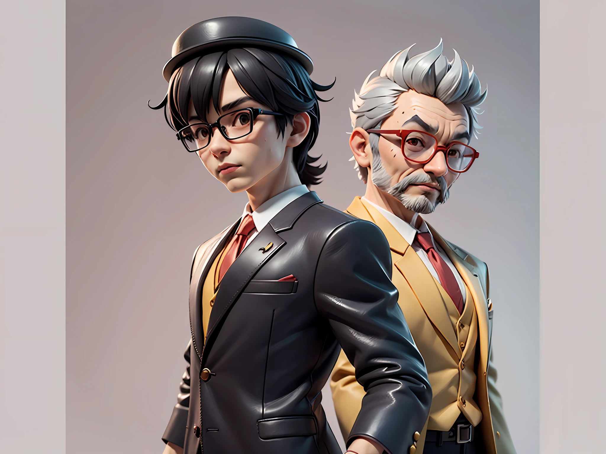 Young man with oriental face in leather hat, tiger, oriental face in formal suit, short black hair, silver glasses, digital painting, 3D character design by Mark Clairedon and Pixar and Hayao Miyazaki and Akira Toriyama, the illustration is a high-definition illustration in 4K resolution with very detailed facial features and cartoon-style visuals.