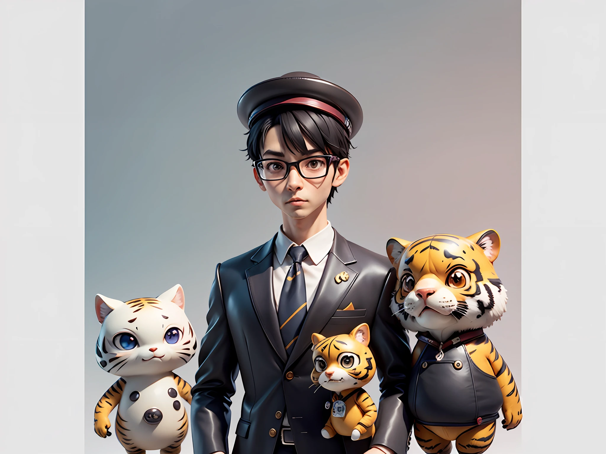 Young man with oriental face in leather hat, tiger, oriental face in formal suit, short black hair, silver glasses, digital painting, 3D character design by Mark Clairedon and Pixar and Hayao Miyazaki and Akira Toriyama, the illustration is a high-definition illustration in 4K resolution with very detailed facial features and cartoon-style visuals.