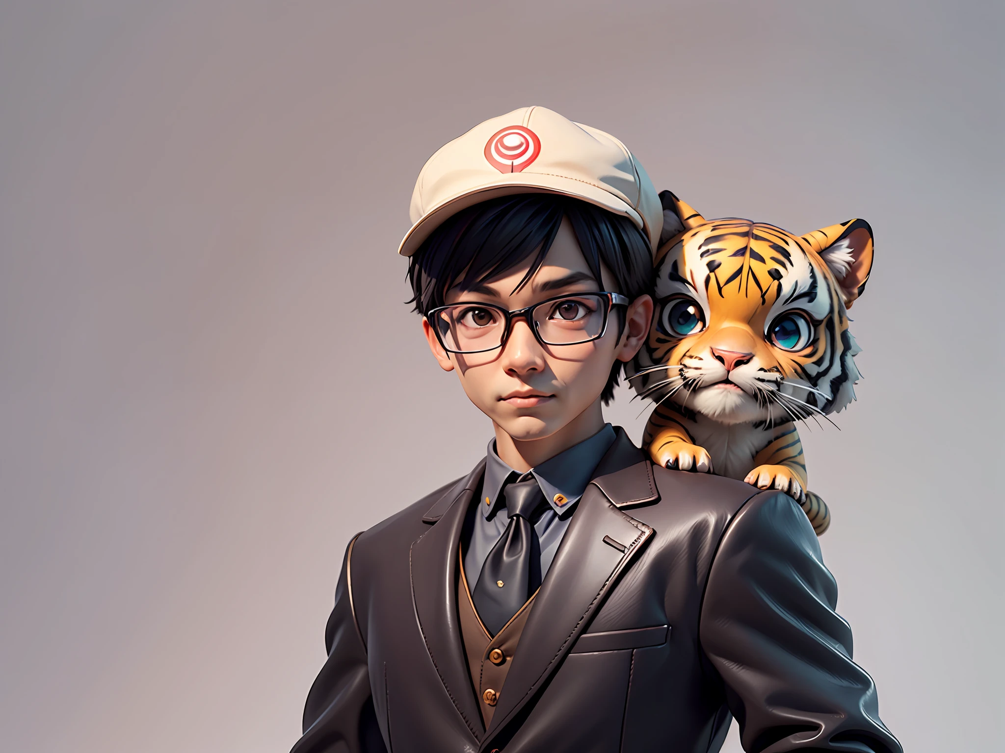 Young man with oriental face in leather hat, tiger, oriental face in formal suit, short black hair, silver glasses, digital painting, 3D character design by Mark Clairedon and Pixar and Hayao Miyazaki and Akira Toriyama, the illustration is a high-definition illustration in 4K resolution with very detailed facial features and cartoon-style visuals.