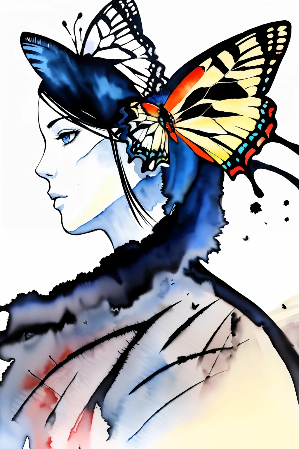(double exposure)、White background、(独奏)、(ink and watercolor painting)、Reddish butterflies、dripped out、((butterflys))、masterpiece、top-quality