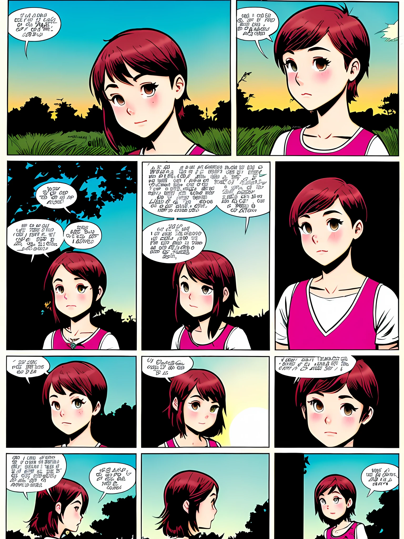 short detailed hair,teens girl,evening light,comic strip