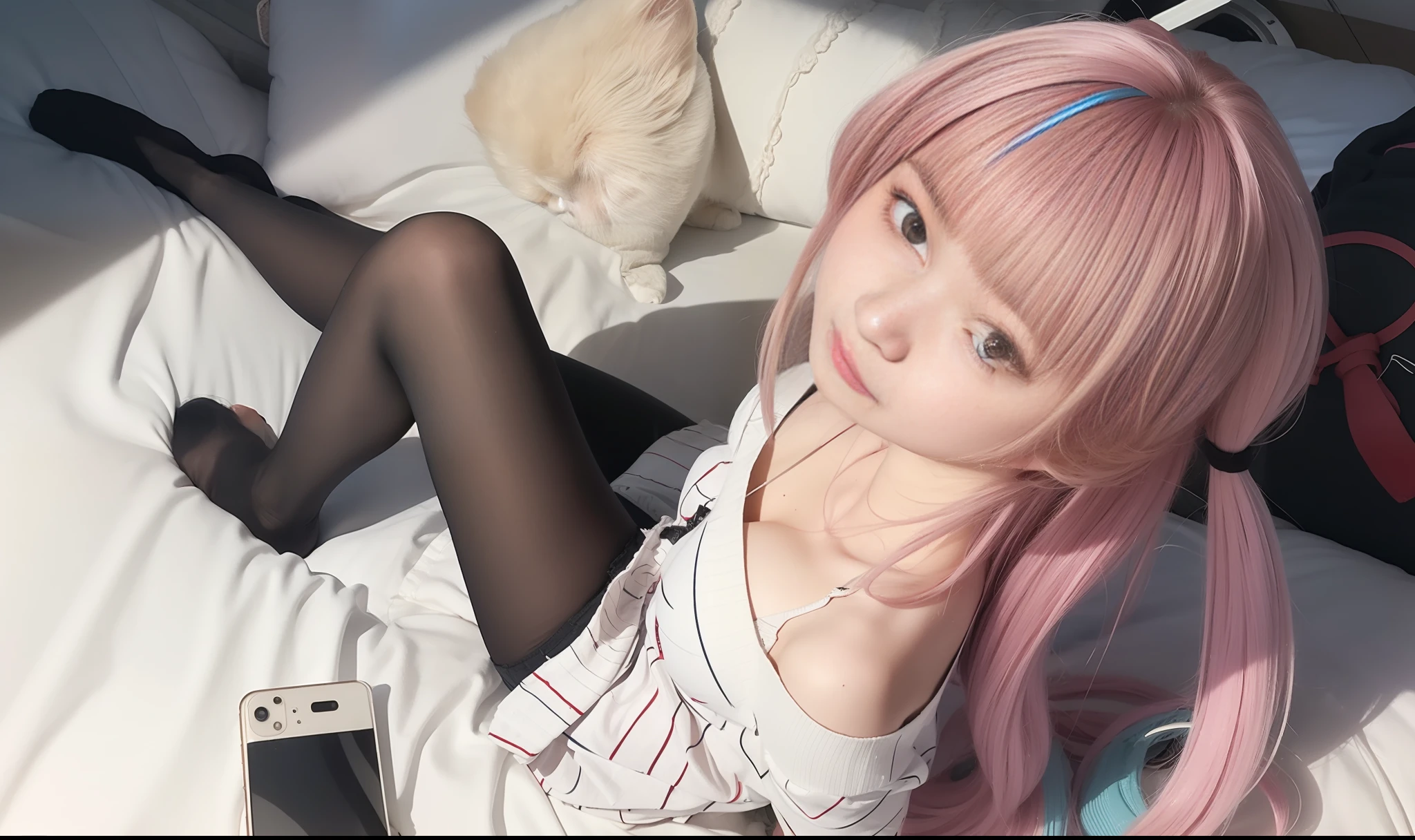 (masterpiece), (best quality), photorealism, realistic, ultra detailed, 8k resolution, (1girl), solo, beautiful, pink twintail hair, blue highlight hair, wearing cat ear hair band, minato aqua, front light, cinematic light, cold light, cosplay, minato aqua cosplay wearing sweater, vtuber, indoor, bedroom, lying on bed, thick breast, looking up, view from above, ,