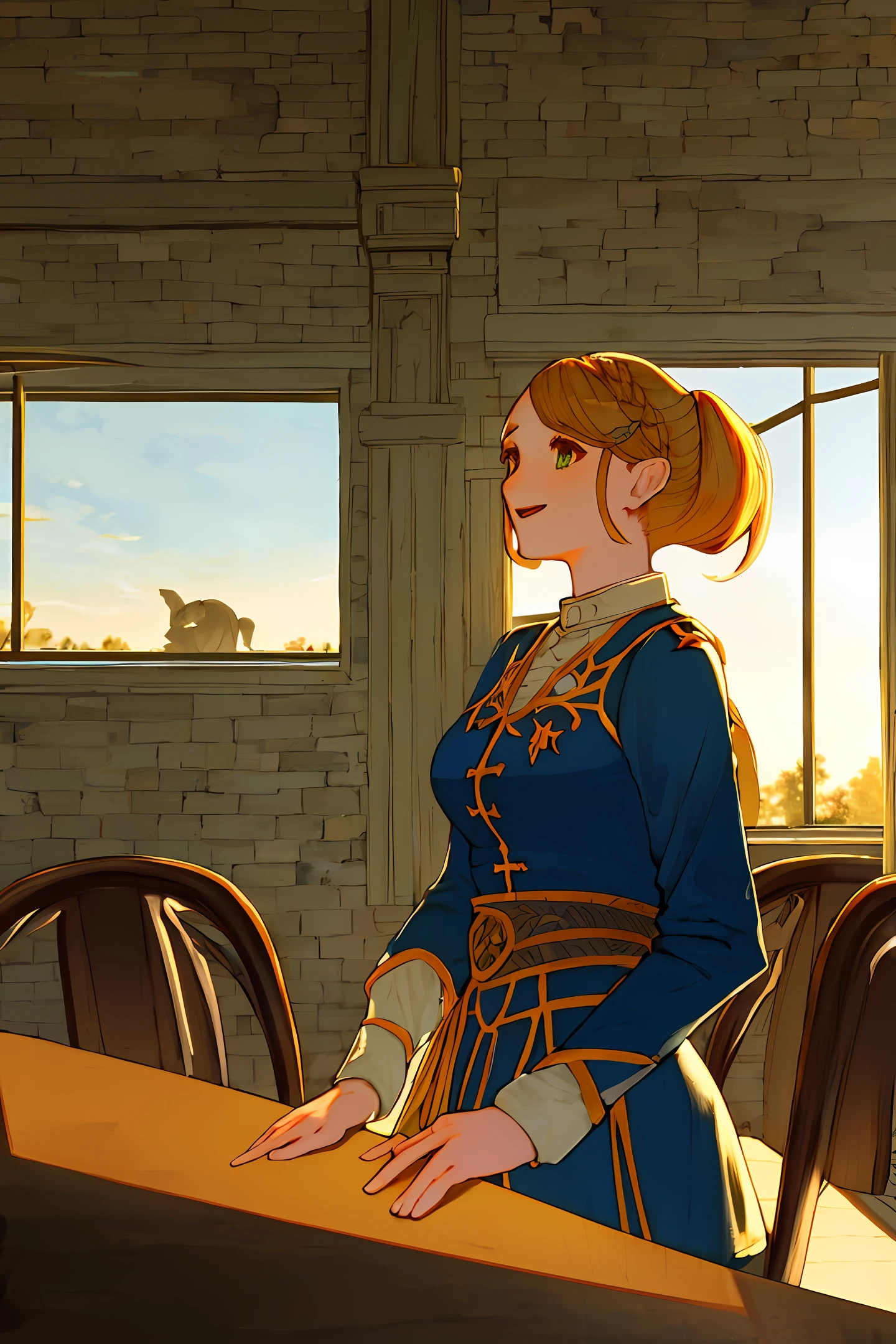 By the window of the teaching building,An evergreen cypress in front of the window,the setting sun,A large table inside the window(The scale is about 5:2,Towards the short side of the window,Refer specifically to the one that the student union has its own opinion),Two girls,A short blonde hair(Hairstyle specific reference Kita),A long silver bluish hair(The hairstyle is high ponytail),Dressed in uniform,face to face,Sunset,Light and shadow spill out,Look at each other and laugh。