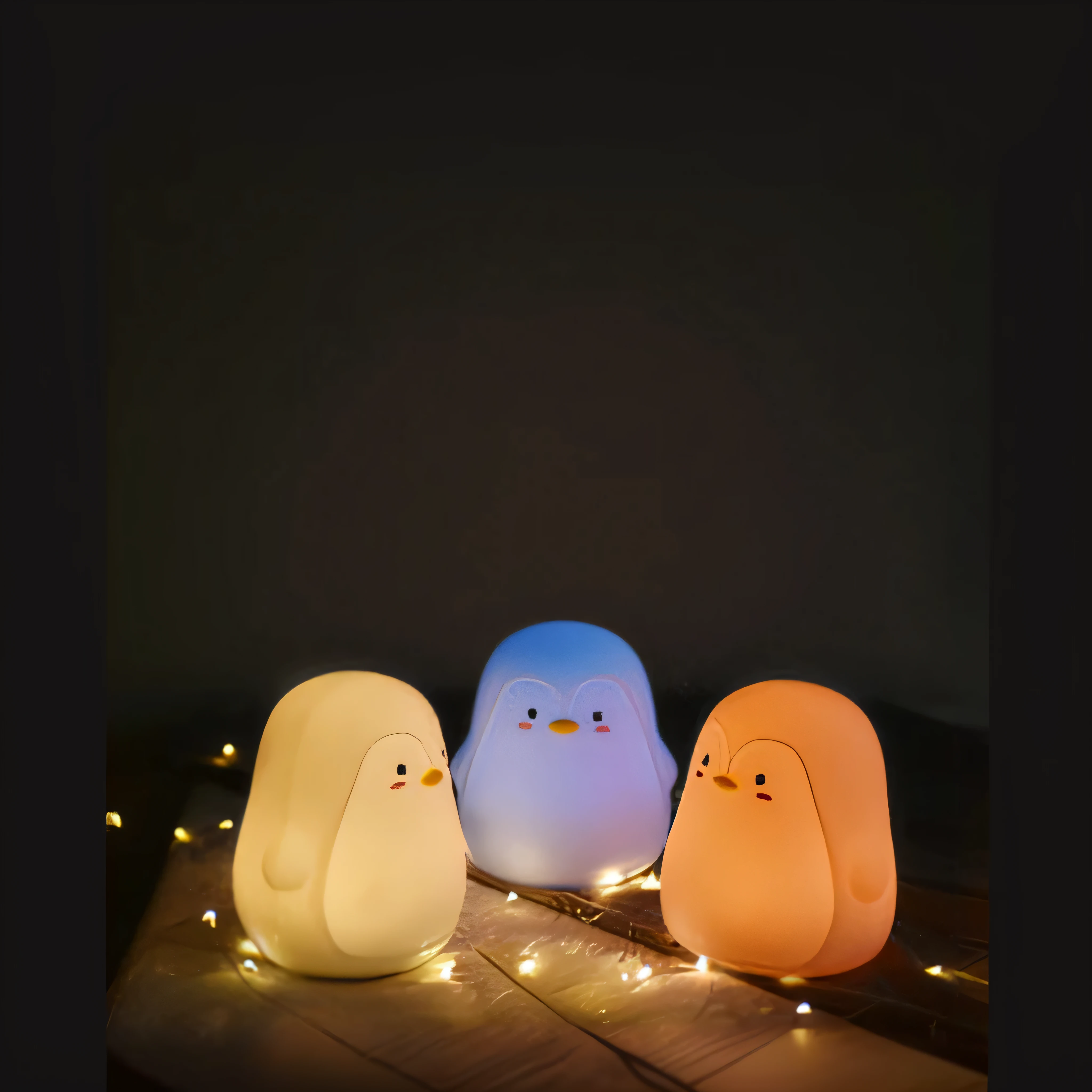 Three little penguins sit on a lighted table, Beautiful kawaii lighting, Lumi, it is glowing, soft coloured gel lighting, very soft diffuse lights, paisible night lighting, Night light, Beautiful and smooth soft light, natta, 3 colors, adorable glowing creature, glowing lamps, mood light, nightlight, glowing owl, cute colorful adorable