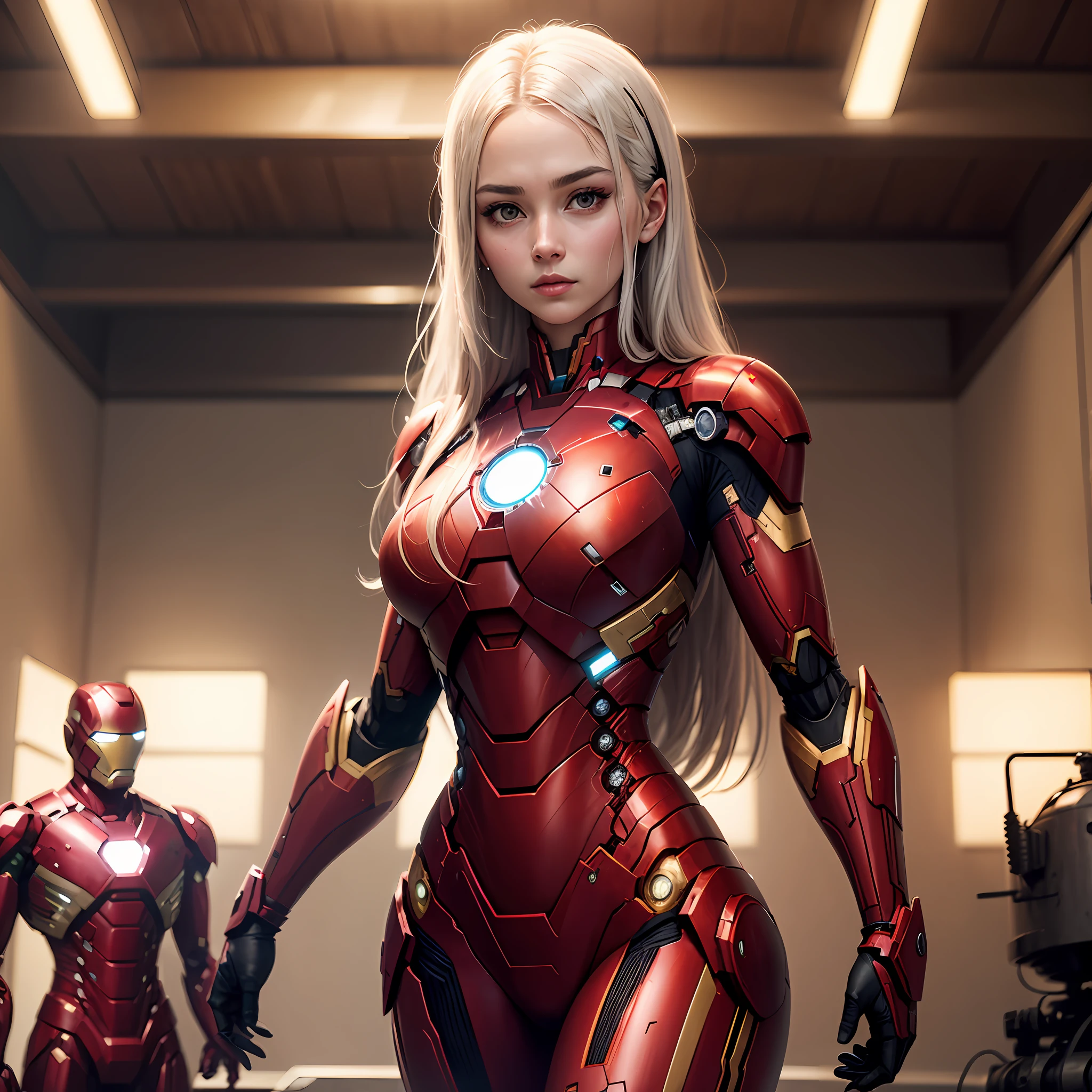 The royal sister who produced Iron Man's armor，Facing the camera，sliver long hair，Behind it stands a huge robot with a more beautiful face --auto