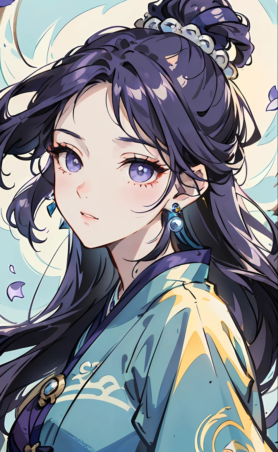 Mature girl ,Purple eye,Blue-white hair color,Floating hair,Delicate and agile eyes,Intricate damask hanfu,Gorgeous accessories,Wearing pearl earrings,fov,f/1.8,tmasterpiece,Antique characters,blue-sky,Petals flying,Frontal portrait shot,Chang'e,Side lighting,The sun shines on people,8K