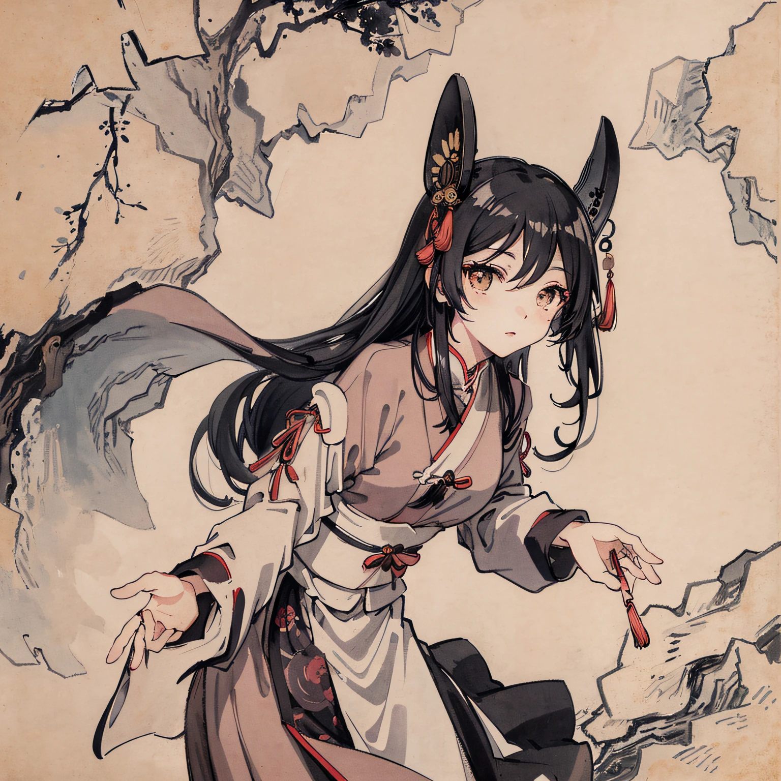 black hair, hair bobbles, wince, longeyelashes, solid circle eyes, fake animal ears, light smile, ear blush, fang, Surrealism, drop shadow, anaglyph, stereogram, tachi-e, pov, atmospheric perspective, 8k, super detail, ccurate, best quality, masterpiece