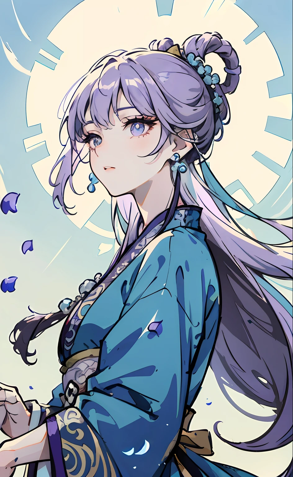 Mature girl ，Purple eye，Blue-white hair color，Floating hair，Delicate and agile eyes，Intricate damask hanfu，Gorgeous accessories，Wearing pearl earrings，fov，f/1.8，tmasterpiece，Antique characters，blue-sky，Petals flying，Frontal portrait shot，Chang'e，Side lighting，The sun shines on people，8K