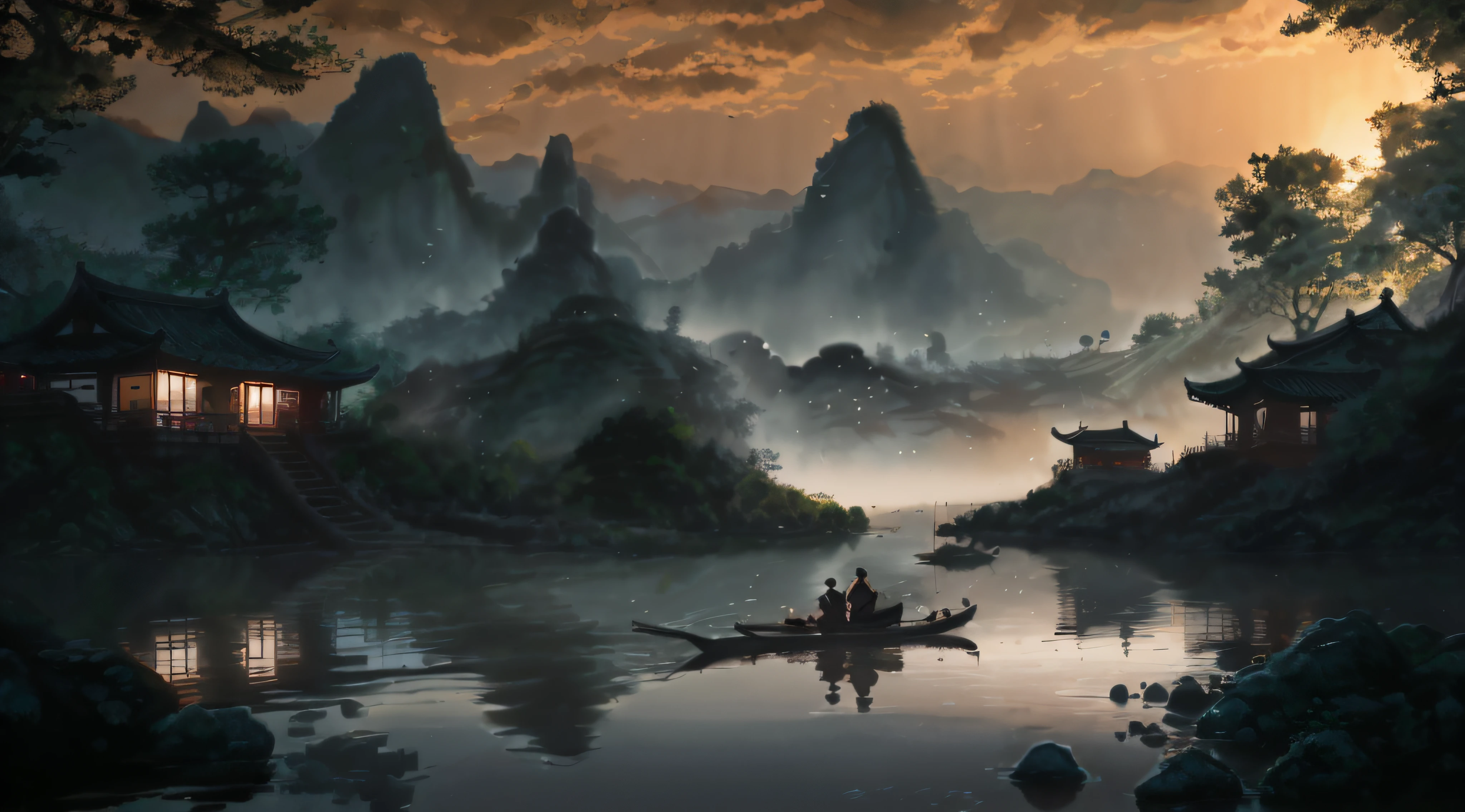 painting of a man and woman in a boat on a river, by Yang J, 4k highly detailed digital art, Detailed painting 4 K, inspired by Raphael Lacoste, 4k hd matte digital painting, Chinese landscape, Inspired by Fenghua Zhong, Detailed scenery —width 672, author：Qu Leilei, inspired by Andreas Rocha, author：Song Xu