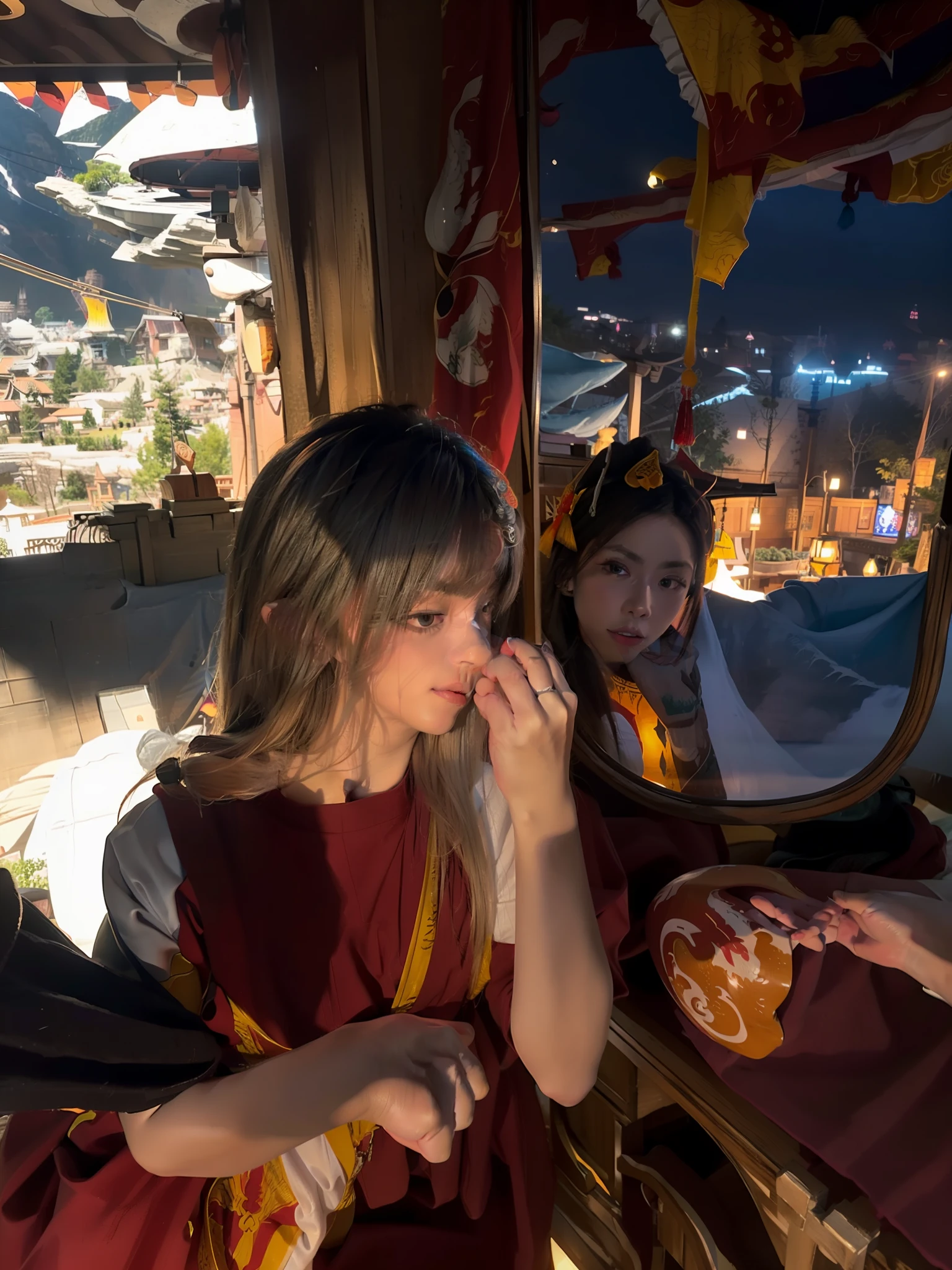(RAW Photo, Best Quality), (Realistic, Photo Realistic: 1.3), Extremely Refined and Beautiful, Amazing, Fine Detail, Masterpiece, Ultra Detail, High Resolution, (Best Illustration), (Best Shadow), Intricate,
A beautiful female Taoist priest dressed in a white see-through robe and in a bun sits on the eaves of the Taoist temple, overlooking the monks meditating below. In the distance there are pavilions, towers and distant mountains, decorated with floating clouds, (dragon in the background: 1.3), sunset, storm,
Clear focus, volumetric fog, 8k UHD, DSLR, high quality, (film grain: 1.4), Fujifilm XT3,