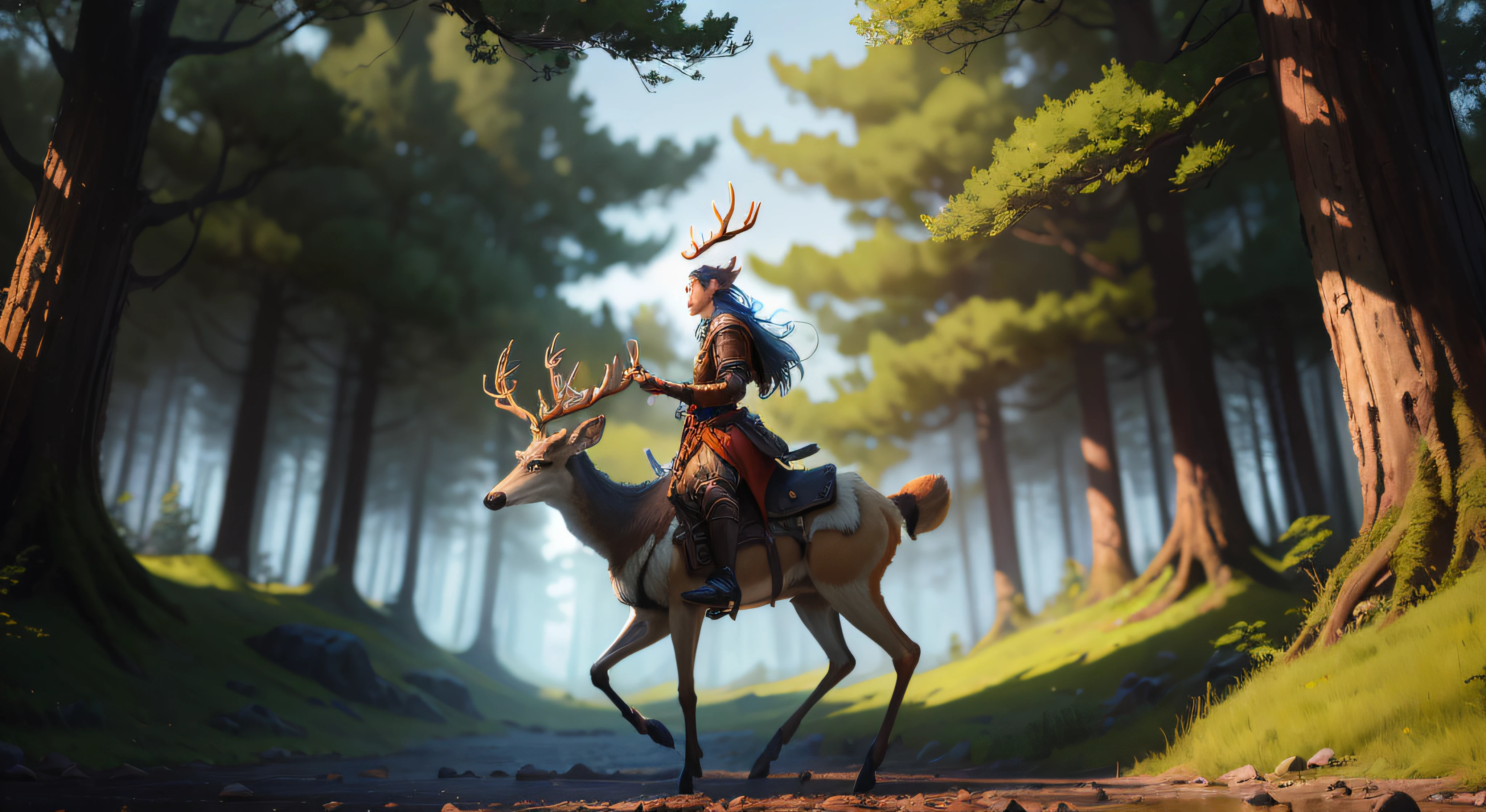 There was a man riding a deer through the forest, Fantasy art Behance, Realistic fantasy illustration, forest hunter lady, Epic fantasy digital art style, Goddess of the Hunt, Guviz-style artwork, Artstation contest winner, epic digital art illustration, realistic fantasy rendering, Artgerm and Atey Ghailan, Epic fantasy art style