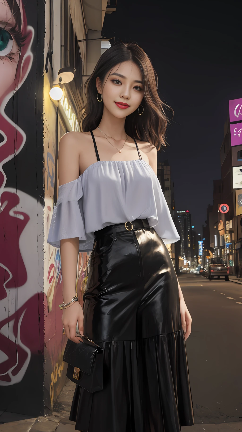((Masterpiece)),((Best quality)), 8K, high detal, Ultra-detailed,
A girl stands in front of a wall full of bright graffiti, Assert yourself in a confident pose for half-body shooting. Her cascading black hair fluttered gracefully over her shoulders, Outline her charming eyes and charming smile. She wears stylish clothing,It shows her unique fashion sense. The sunlight softly illuminated her facial features, Creates a natural glow on her flawless skin. in the background, City lights twinkle, Add a touch of urban charm to the scene. The combination of her beauty and artistic background creates a captivating and memorable image.
A girl, Vibrant graffiti wall, confident pose, Cascading black hair, mesmerizing eyes, Enchanted smile, fashionable attire, natural lighing, Flawless skin, City lights.