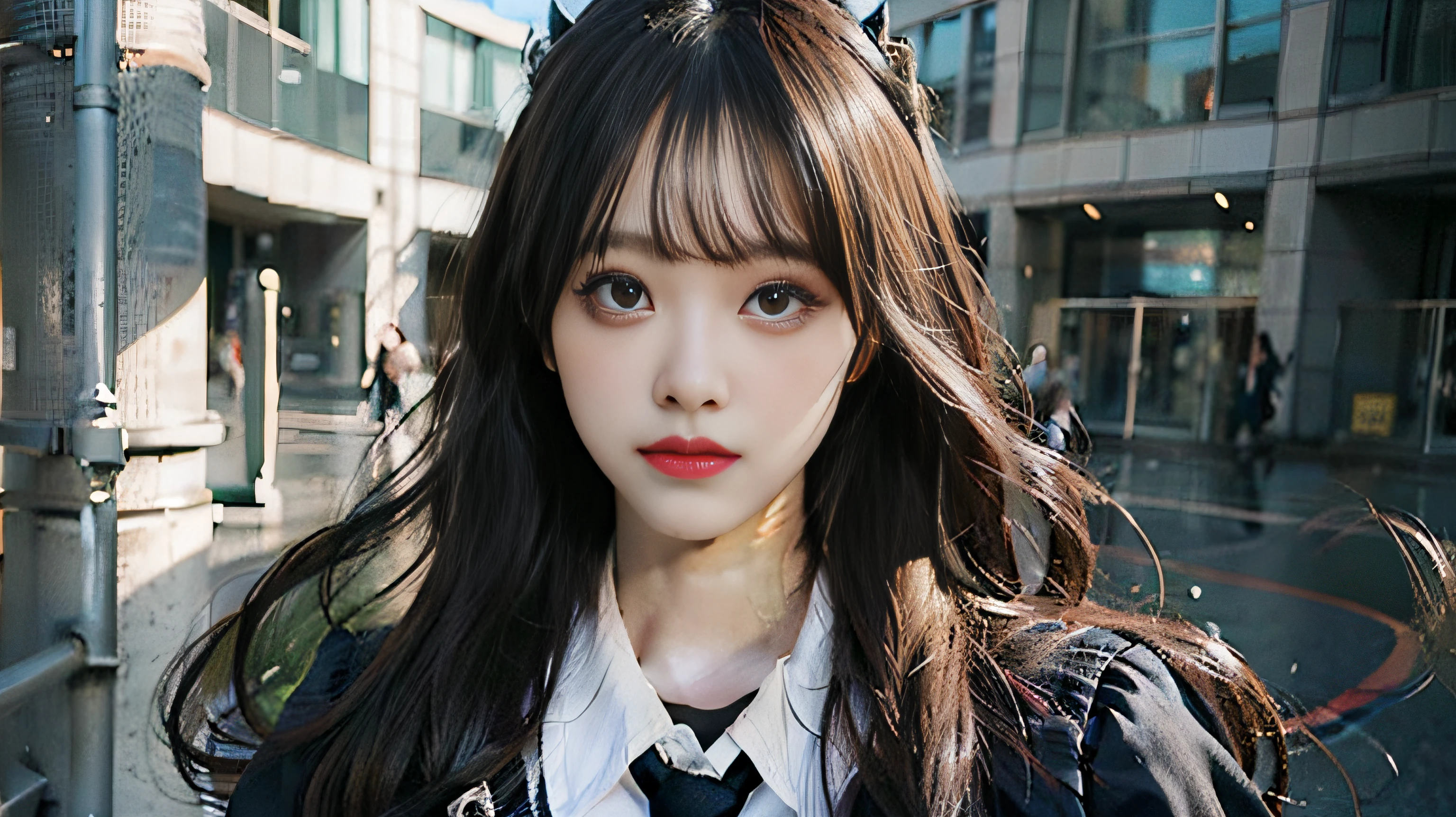 black hair, hair bobbles, wince, longeyelashes, solid circle eyes, fake animal ears, light smile, ear blush, fang, Surrealism, drop shadow, anaglyph, stereogram, tachi-e, pov, atmospheric perspective, Neoclassicism, Op art, 8k, super detail, ccurate, best quality --auto