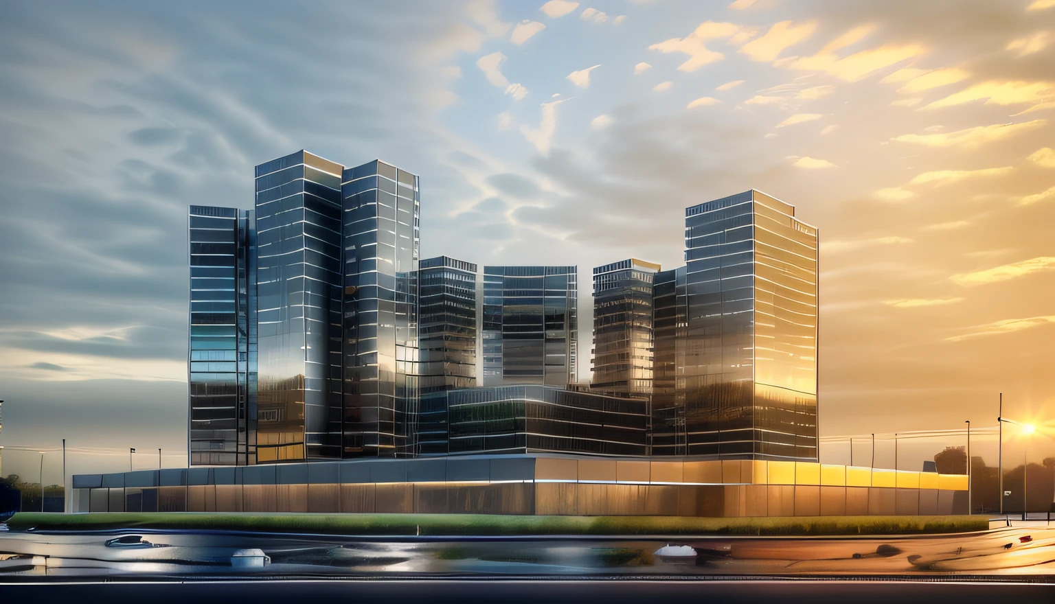 Residential buildings,Tall structures,Low point viewing angle,k hd,morden style,Rich in detail,City road landscape,Cross Street Corner,Straight asphalt pavement,Stone paving,at noon,Straight lines,No glass curtain wall