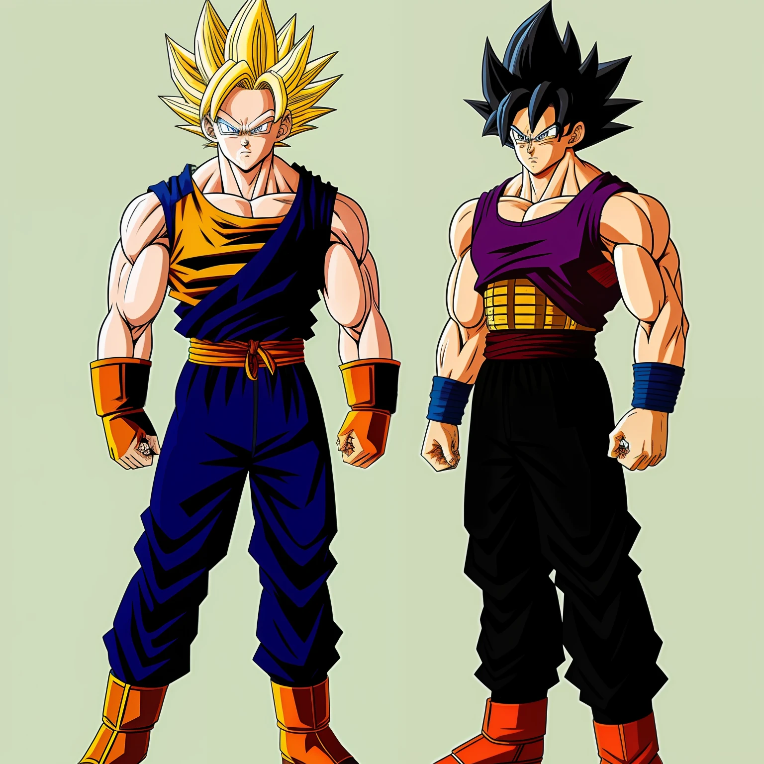 Super Saiyan 1 Son Goku Vegeta Grim expression Standing side by side facing the camera Full body Muscle details 2 people Facial details