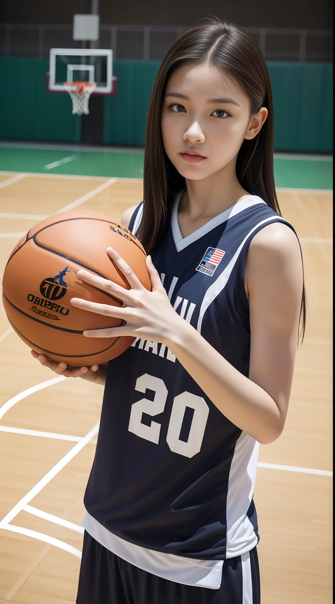 (4K、top-quality)、(realisitic、Photorealsitic)、(Yakian)、
1girl in、独奏、(face to the viewer)、basketball、Basketball Uniforms、basketball court、
perfect hand、
finerly detailed face、shorth hair,20yr old、
