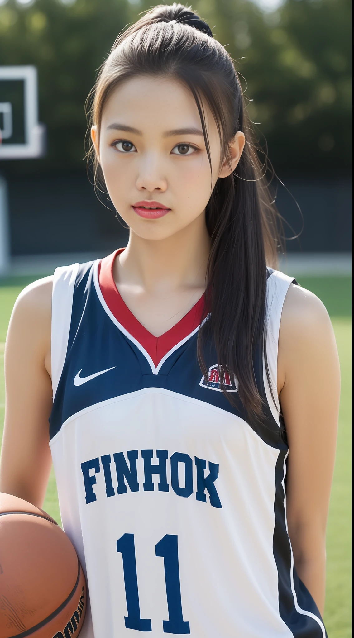 (4K、top-quality)、(realisitic、Photorealsitic)、(Yakian)、
1girl in、独奏、(face to the viewer)、basketball、Basketball Uniforms、basketball court、
perfect hand、
finerly detailed face、shorth hair,20yr old、