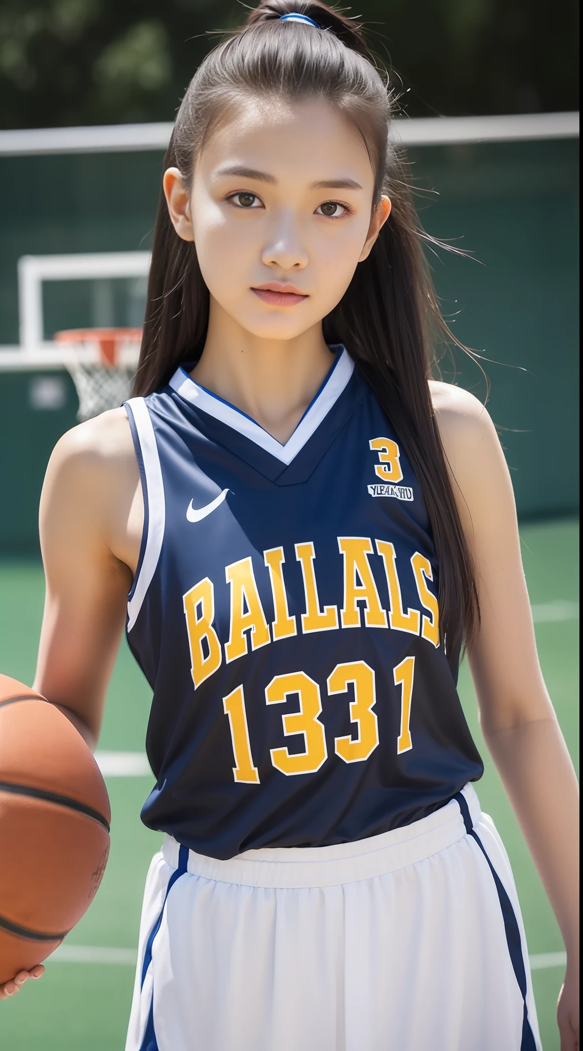 (4K、top-quality)、(realisitic、Photorealsitic)、(Yakian)、
1girl in、独奏、(face to the viewer)、basketball、Basketball Uniforms、basketball court、
perfect hand、
finerly detailed face、shorth hair,20yr old、