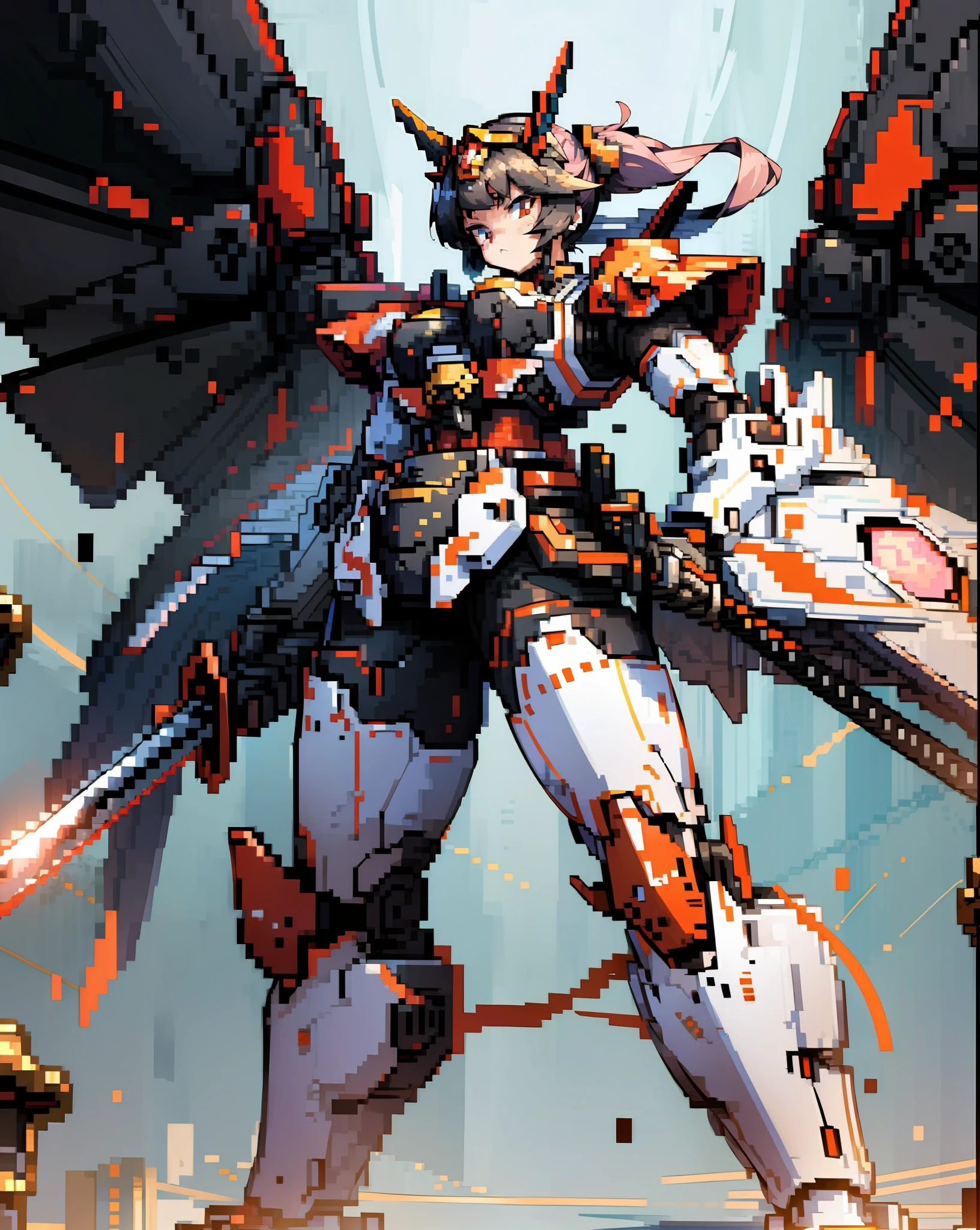 hyper quality, hyper detailed,perfect drawing,Solo, Beautiful Girl, masterpiece, (mecha musume), mechanical armor, headgear, mechanical wings, holding huge gunSamurai wielding a sword, Black Ponytail, Hair tied up with a large red ribbon, Equipped with two Japan swords ((extra huge oversize cool samurai_sword in hands, extra huge cool weapon machine)), open stance, action pose,purgatory,